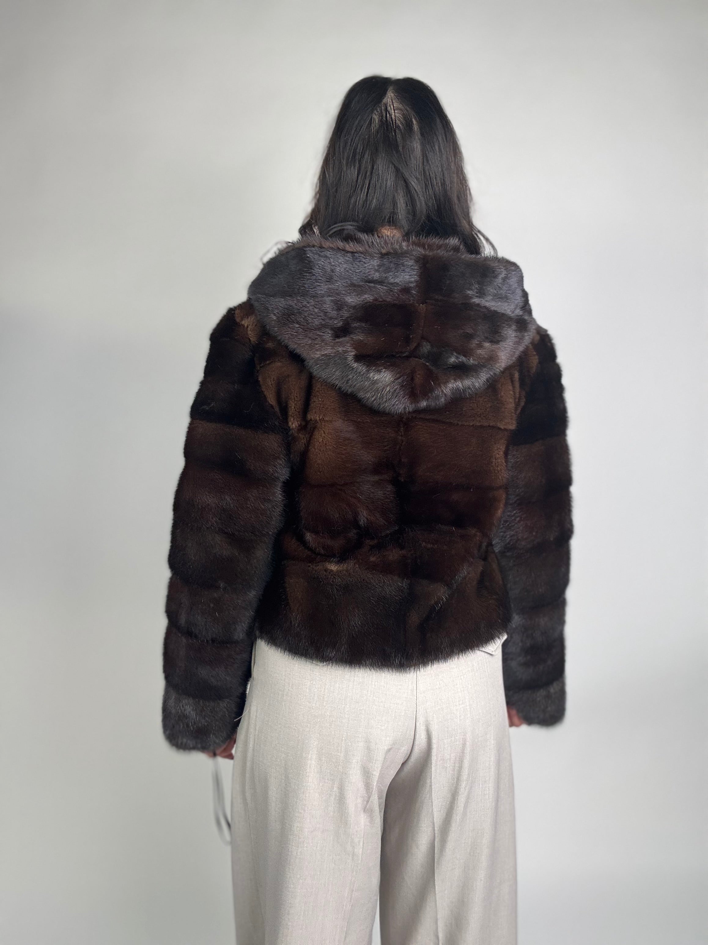 Mink jacket with belt and hood