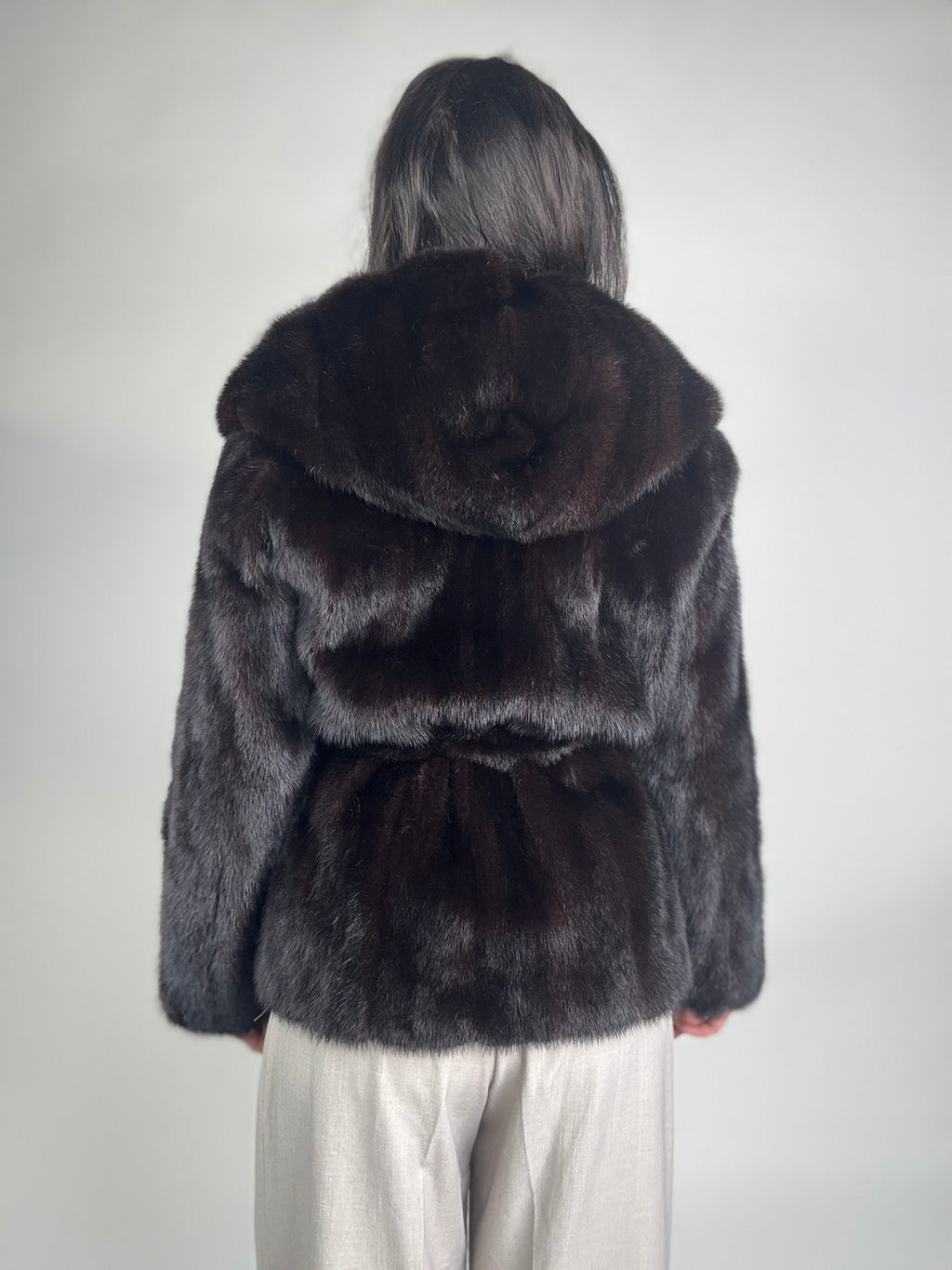 Mink jacket with belt and hood