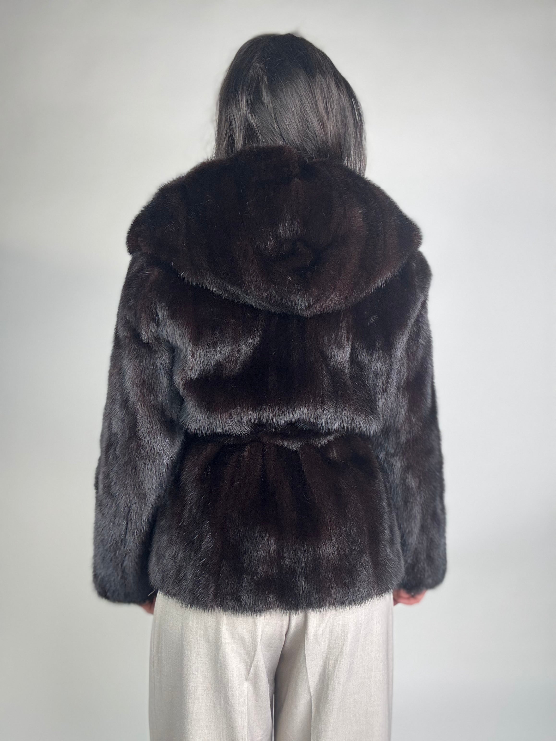 Mink jacket with belt and hood