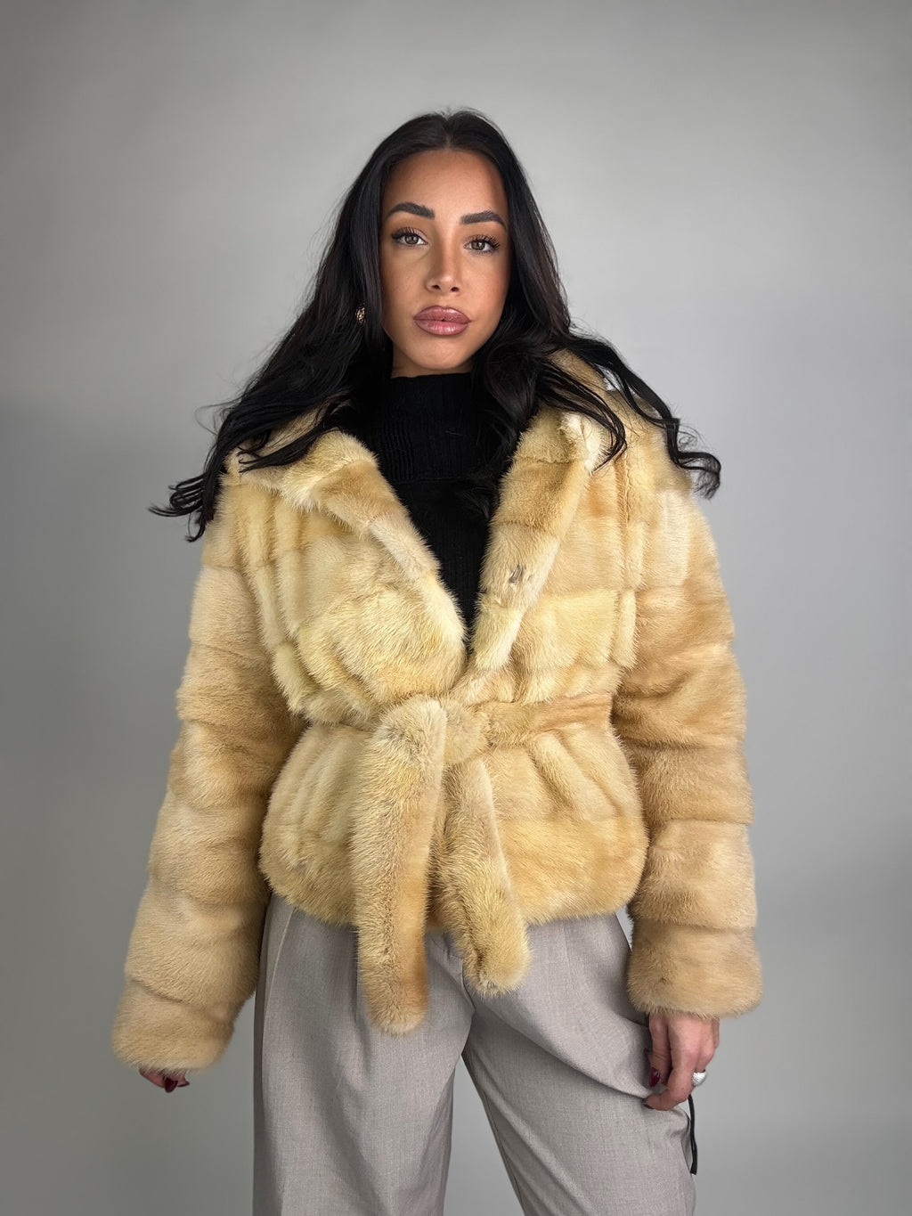 Mink jacket with belt and hood