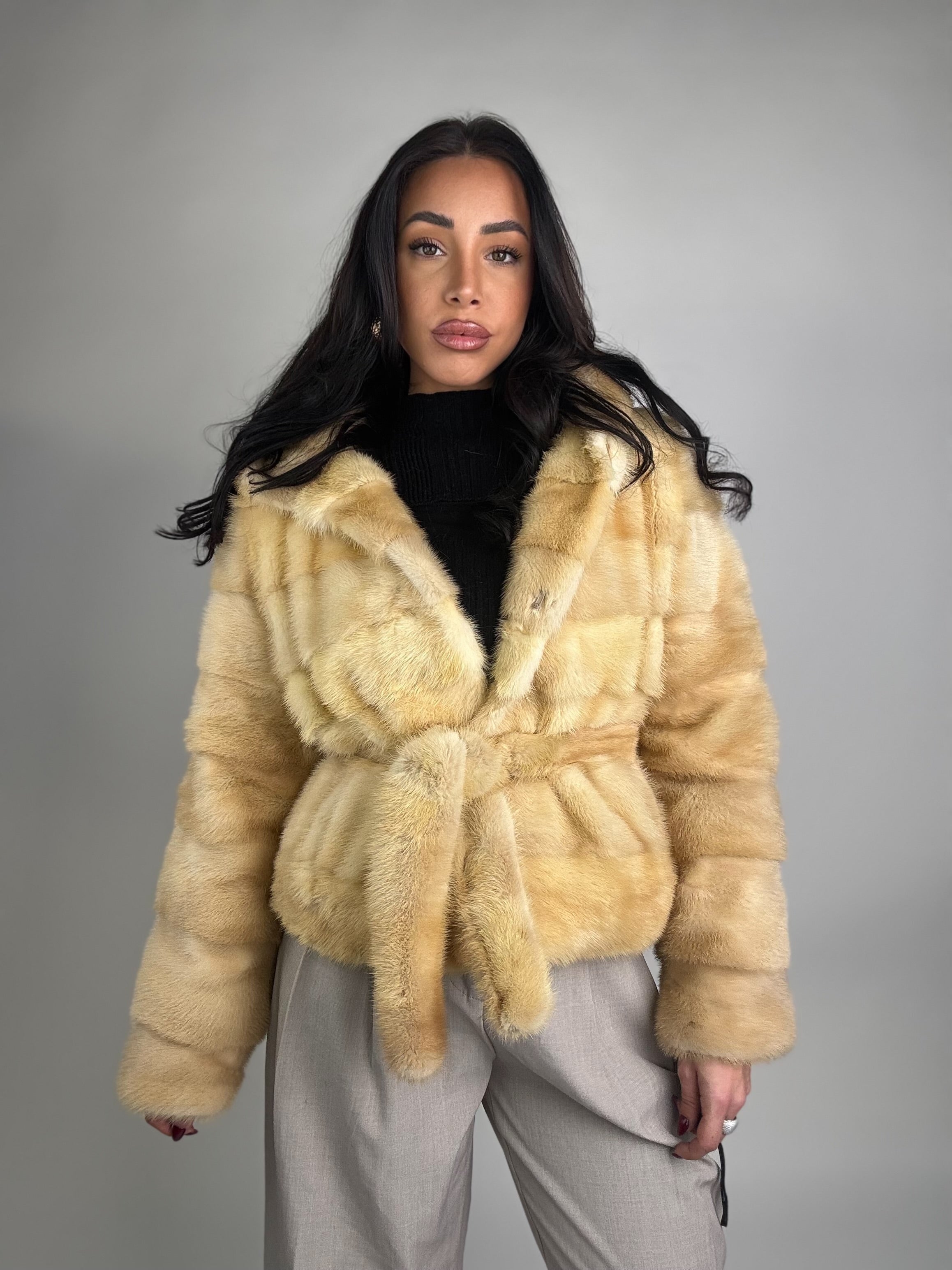 Mink jacket with belt and hood