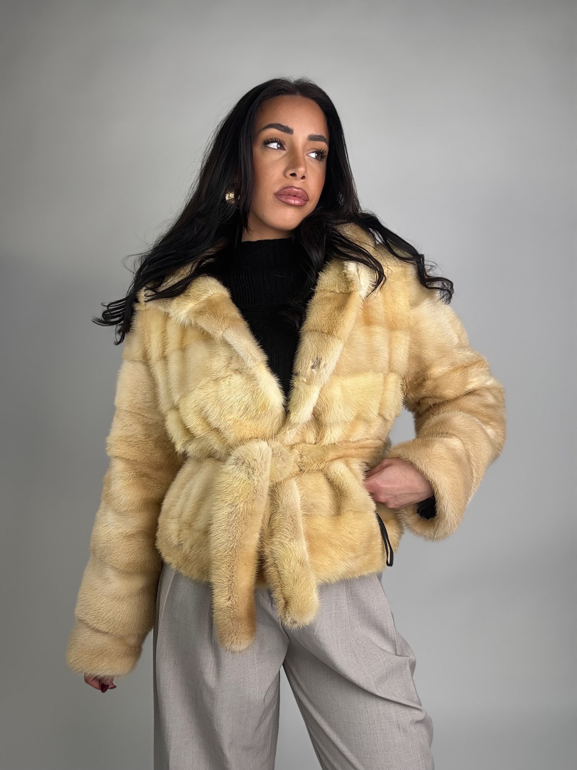 Mink jacket with belt and hood