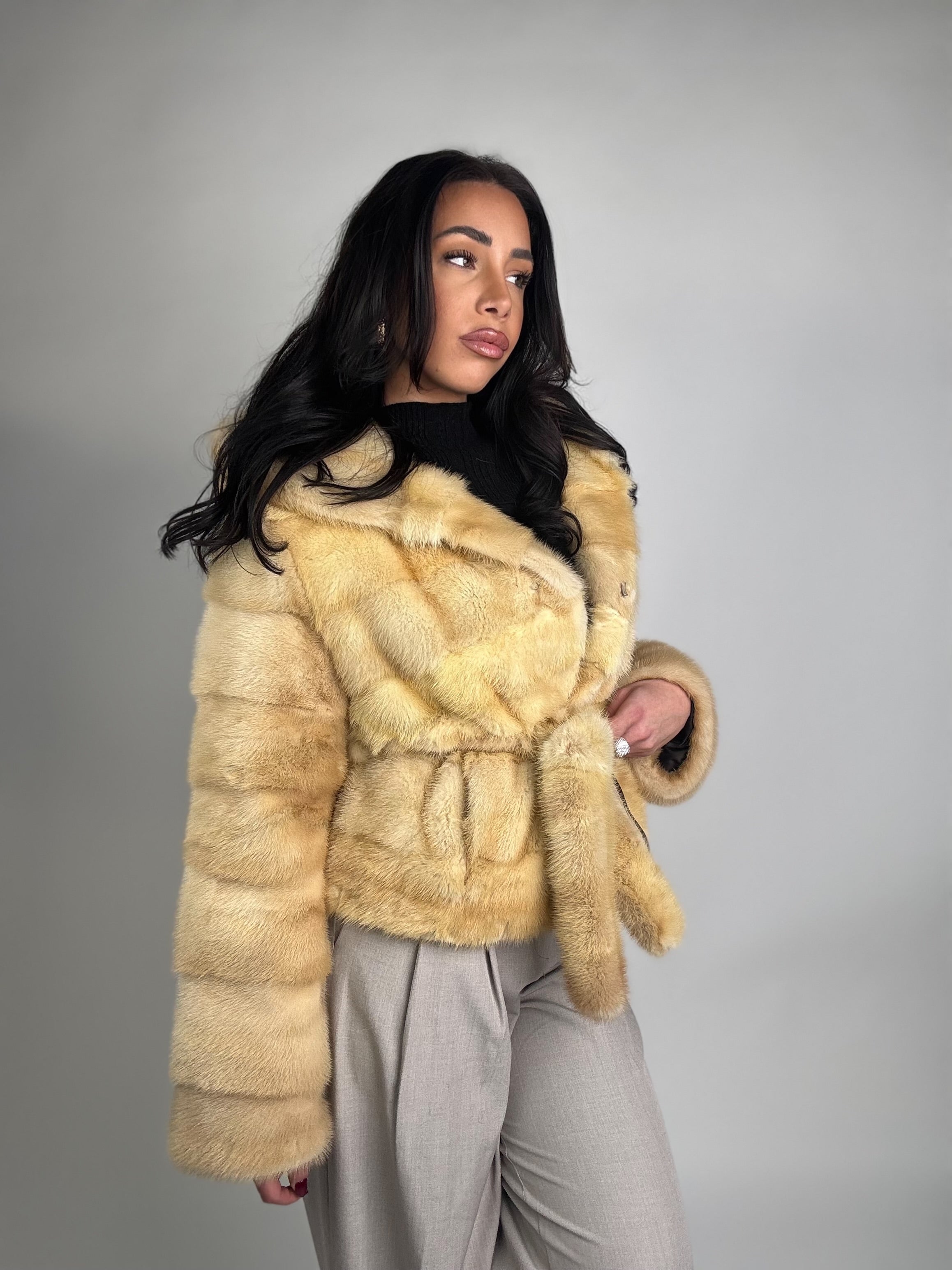 Mink jacket with belt and hood