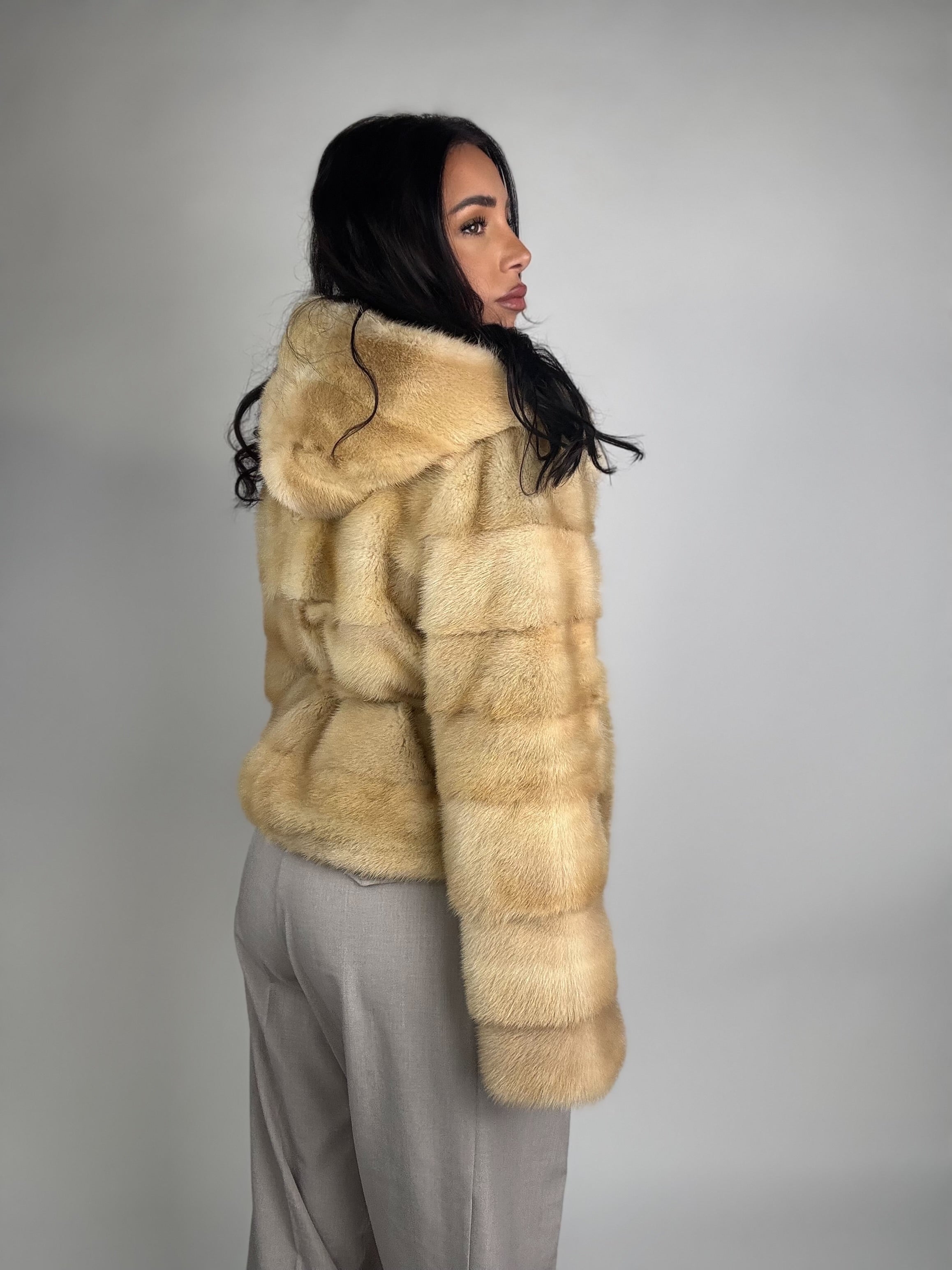 Mink jacket with belt and hood