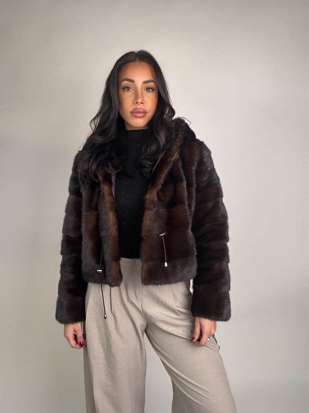 Mink jacket with belt and hood
