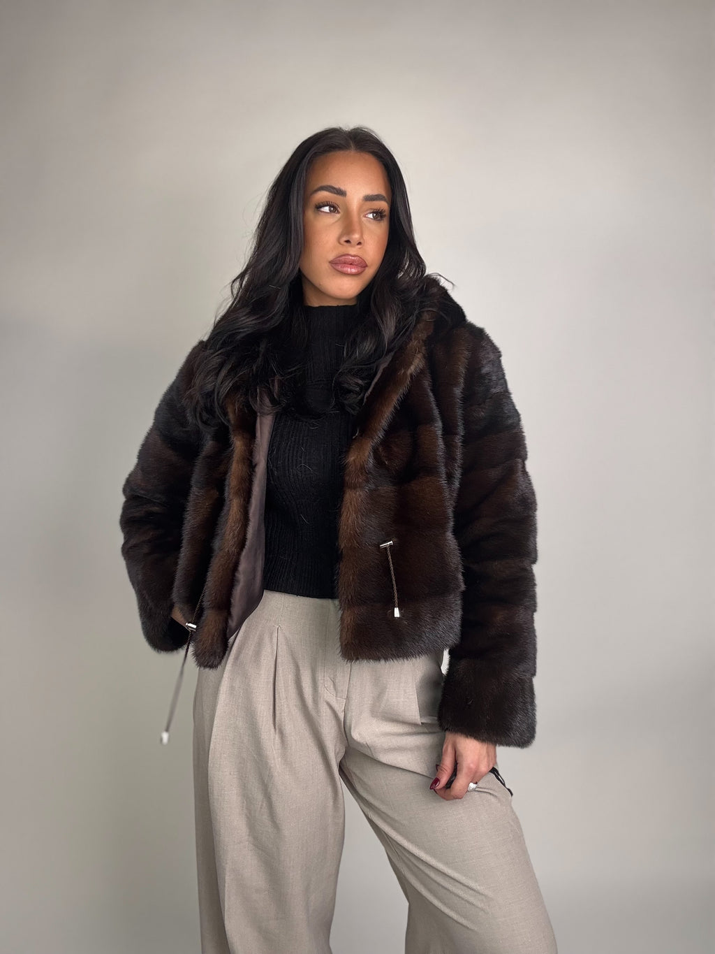 Mink jacket with belt and hood