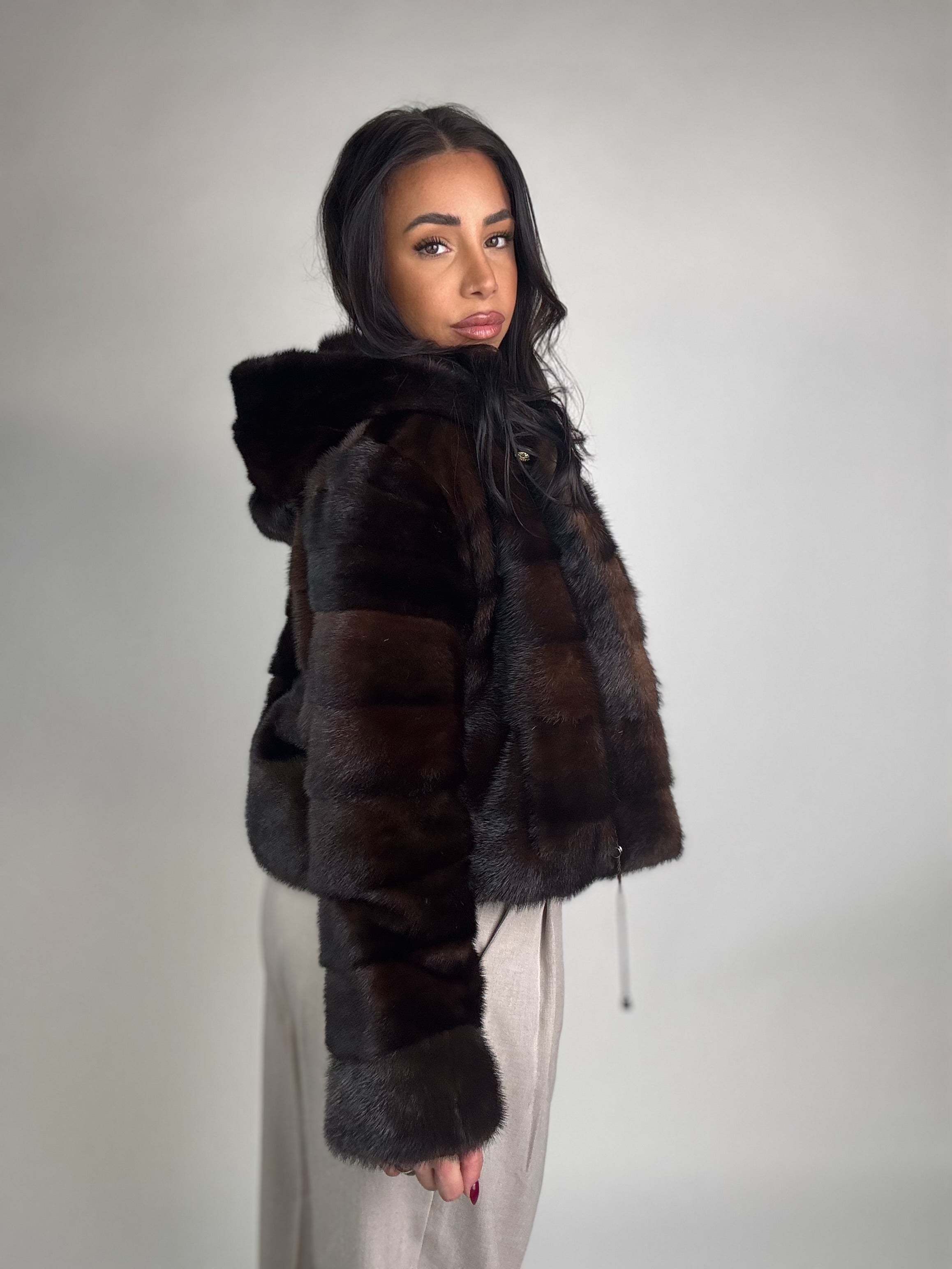 Mink jacket with belt and hood