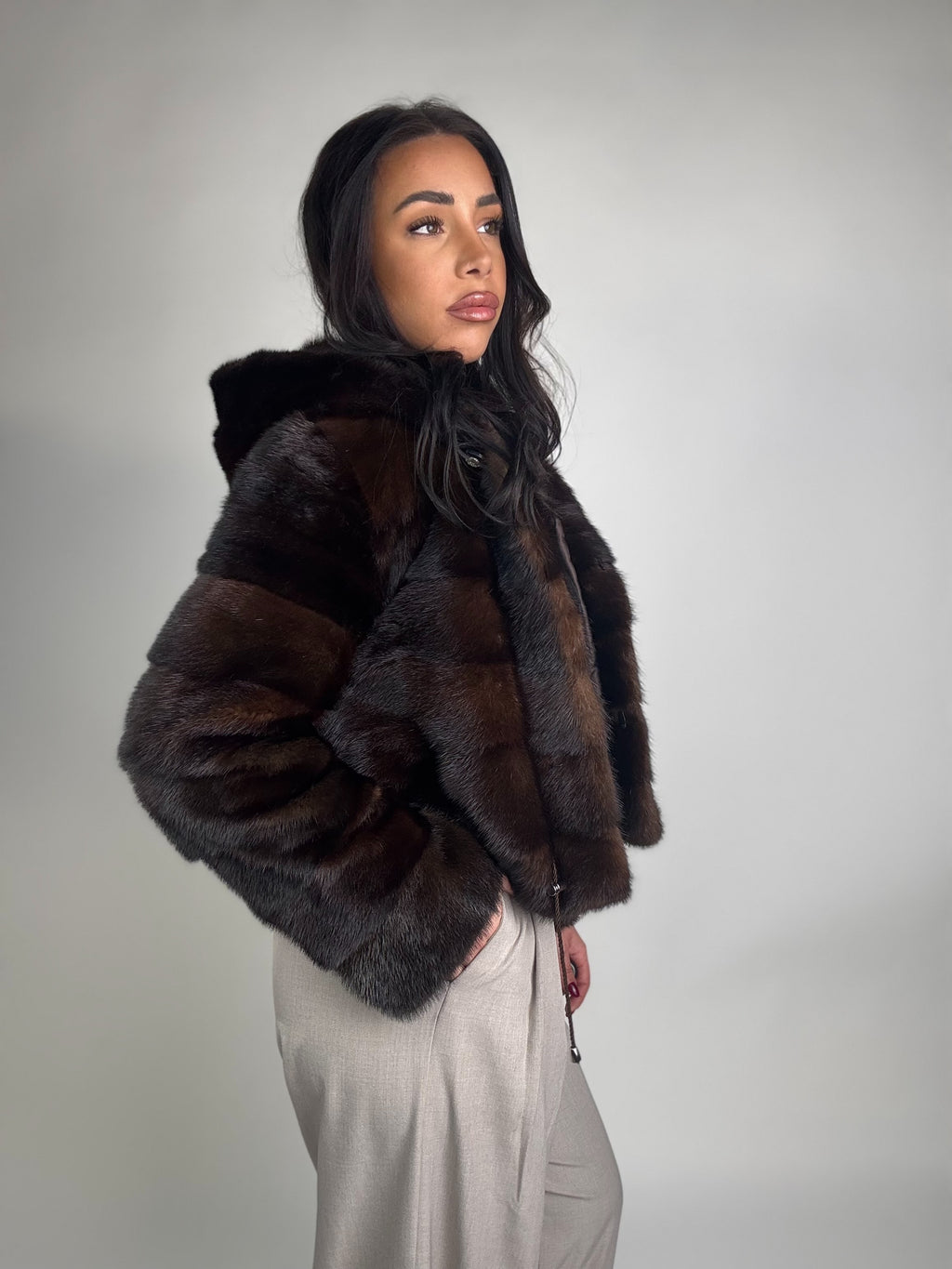 Mink jacket with belt and hood