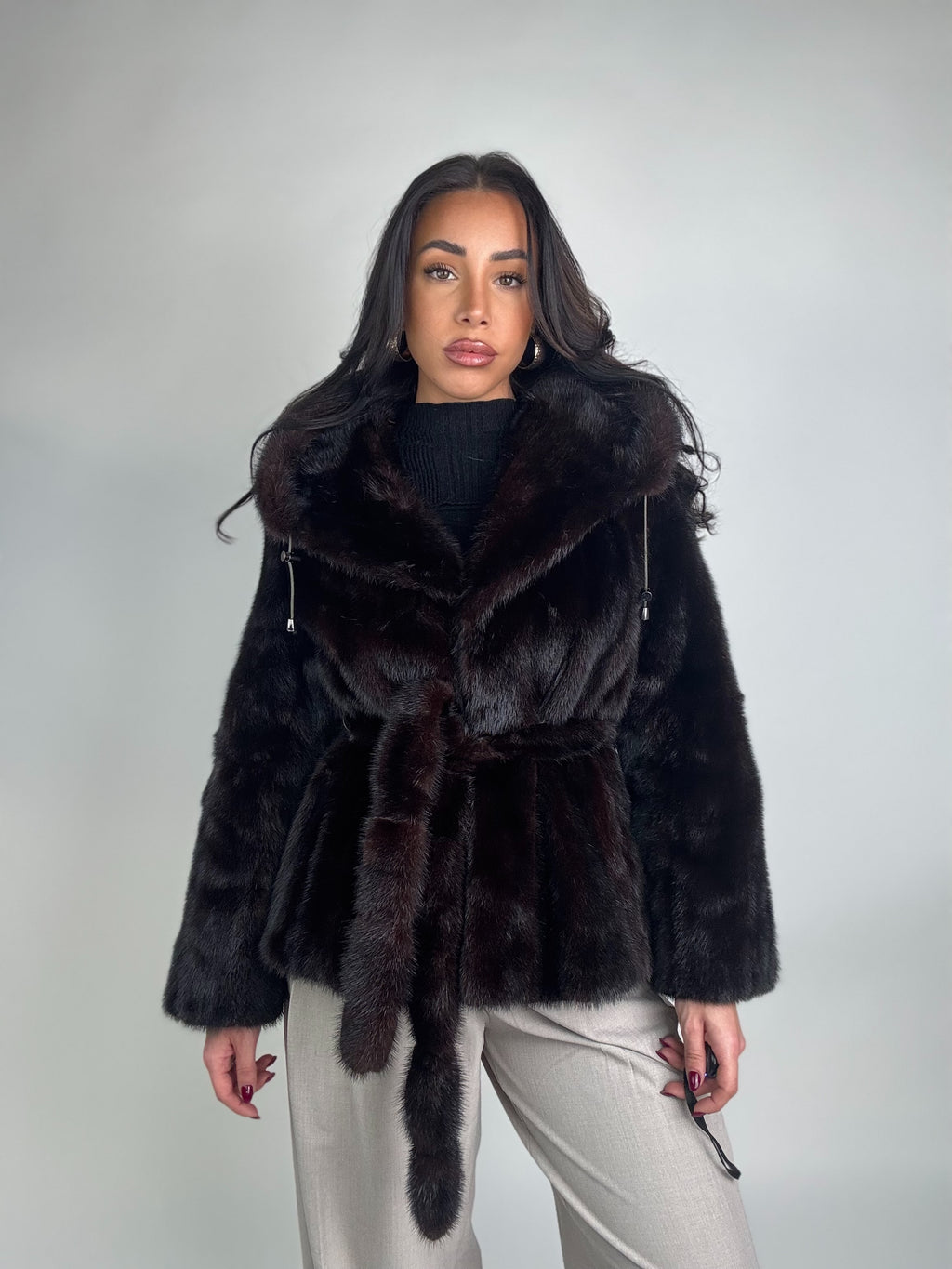 Mink jacket with belt and hood
