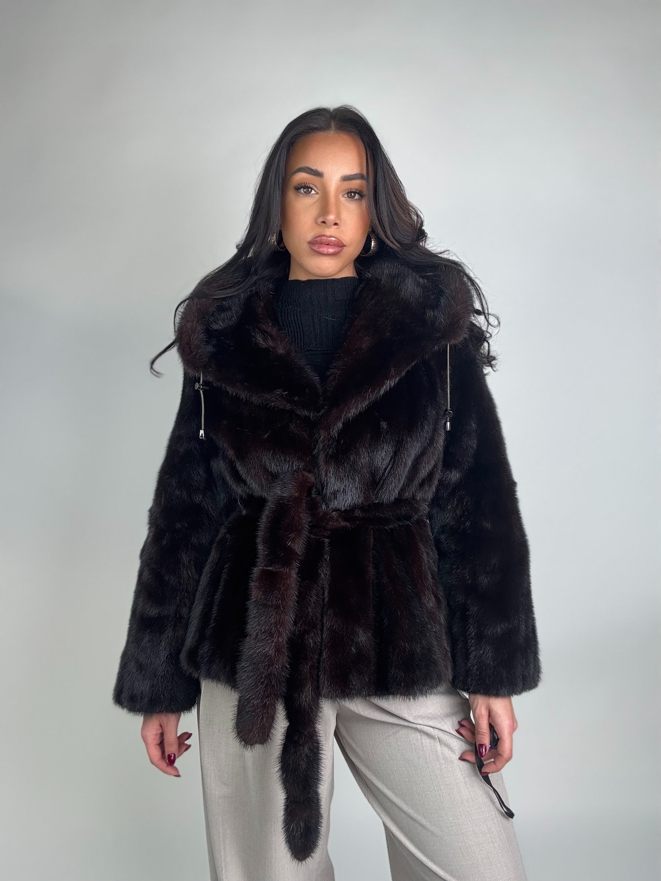 Mink jacket with belt and hood