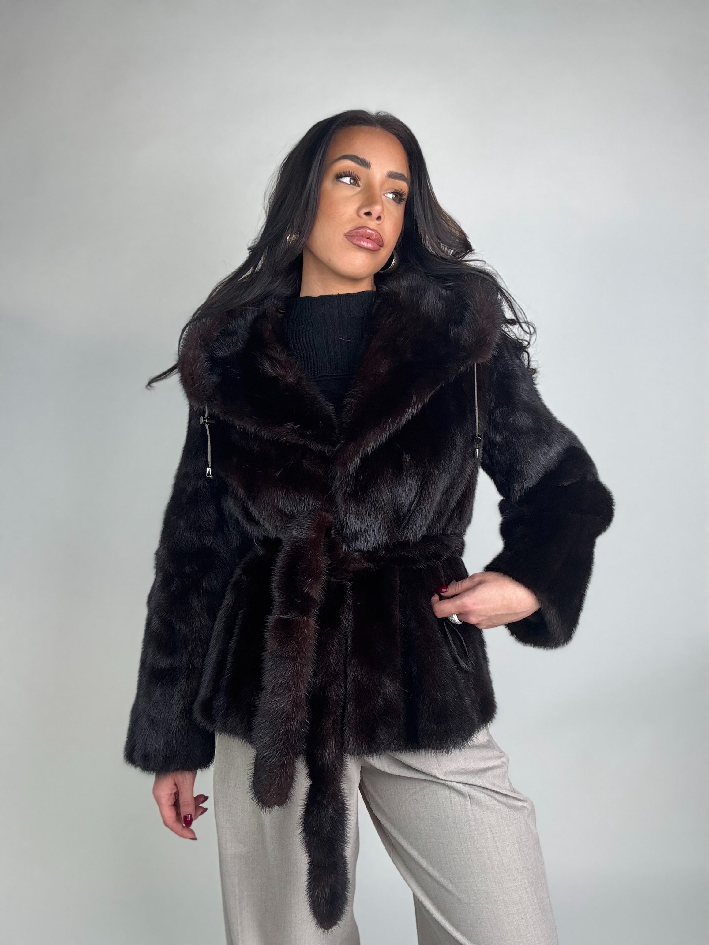 Mink jacket with belt and hood