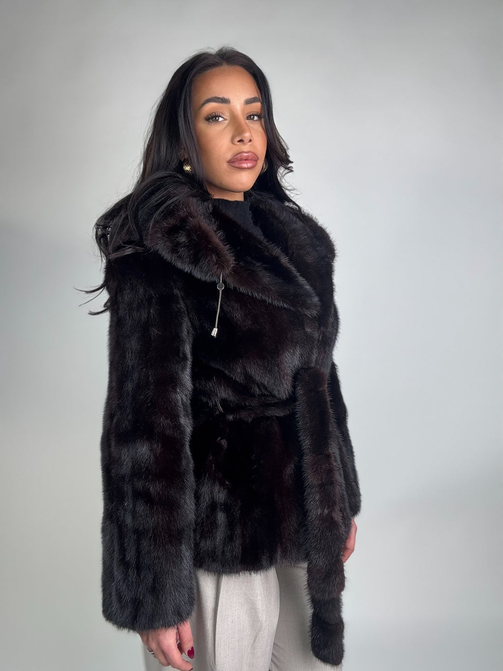 Mink jacket with belt and hood