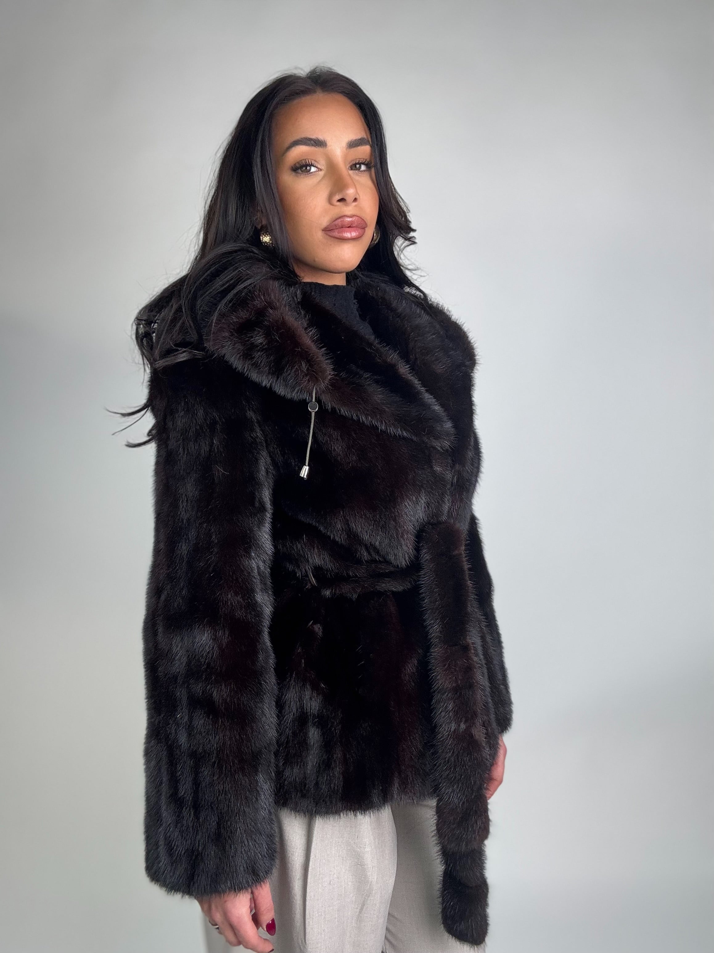 Mink jacket with belt and hood