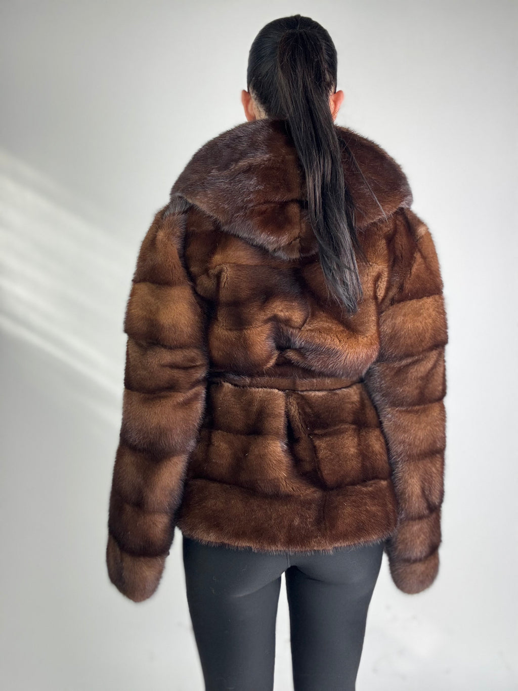 Mink jacket with belt and hood