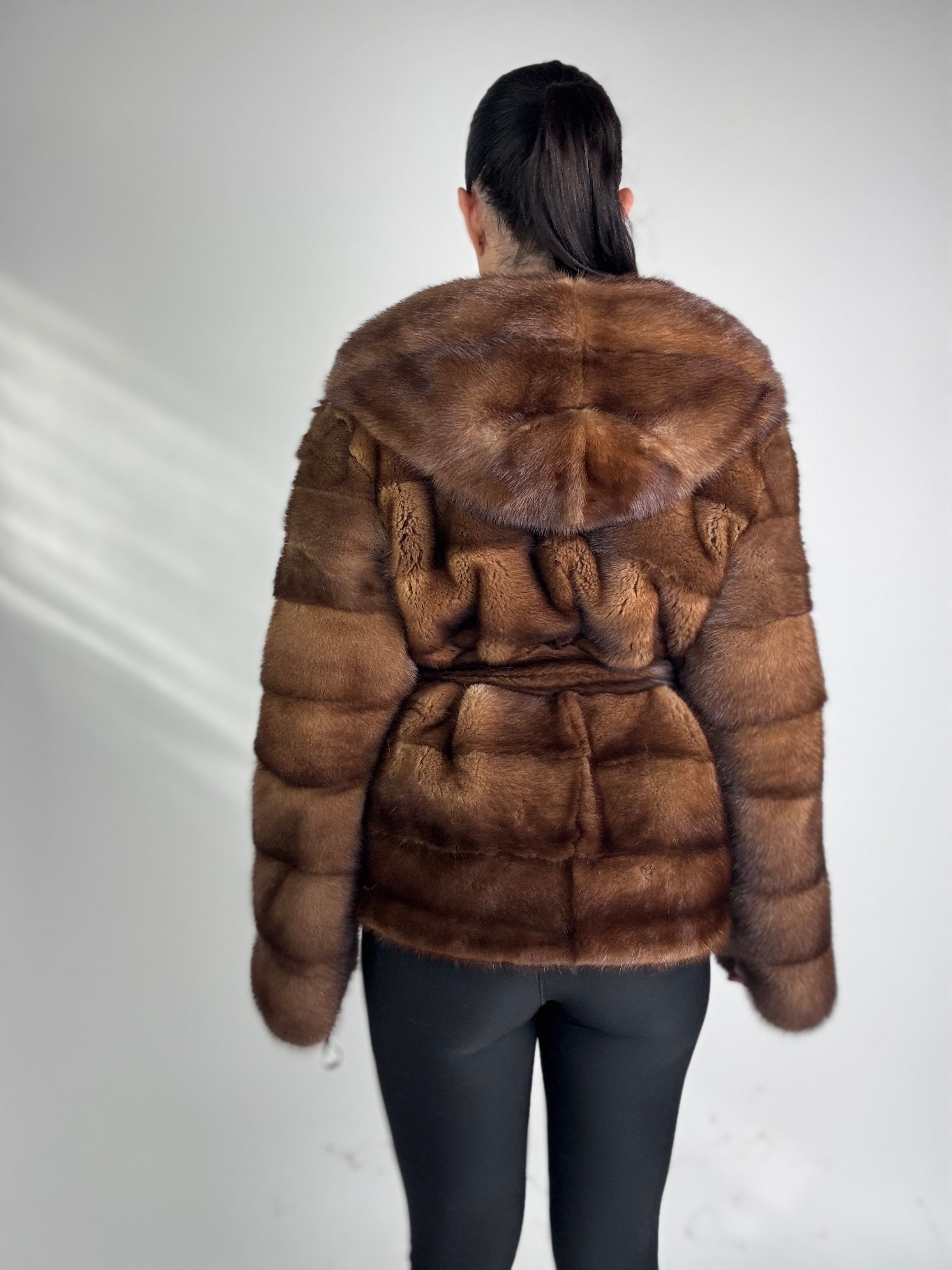Mink jacket with belt and hood