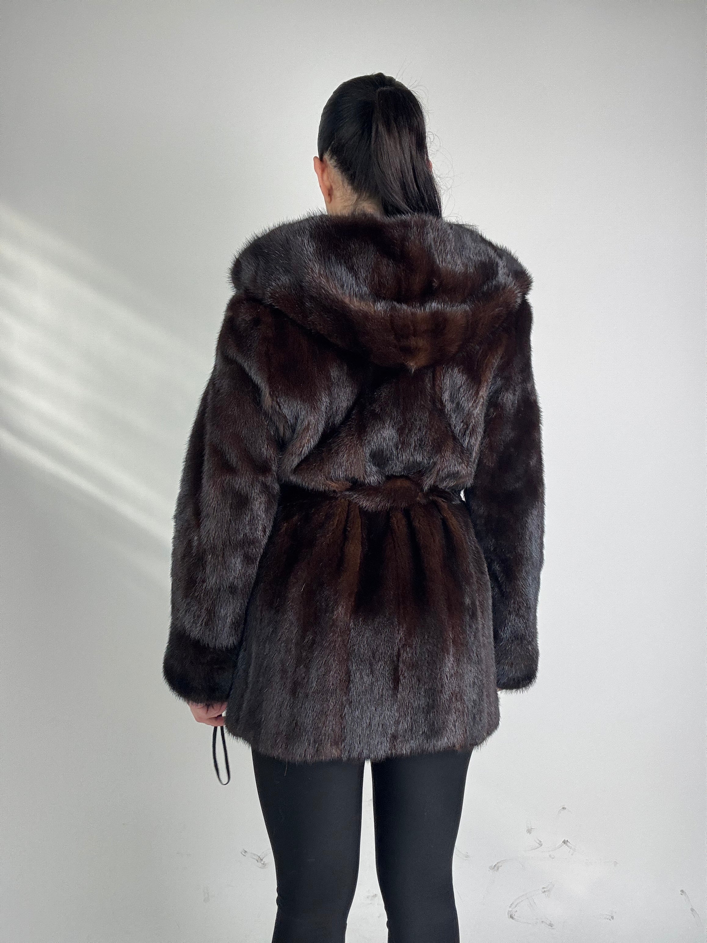 Mink jacket with belt and hood