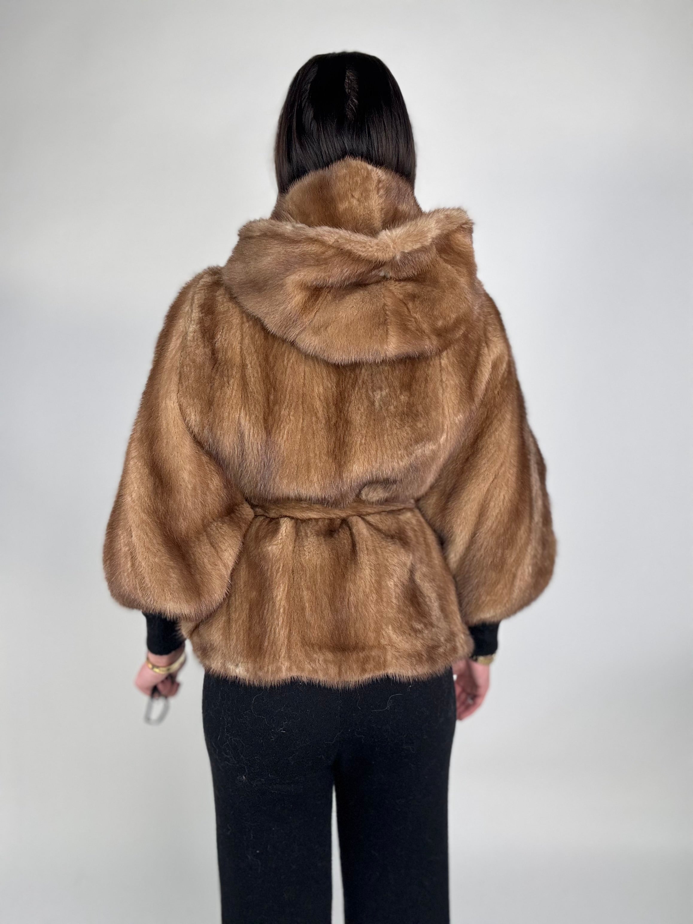 Mink jacket with belt and hood