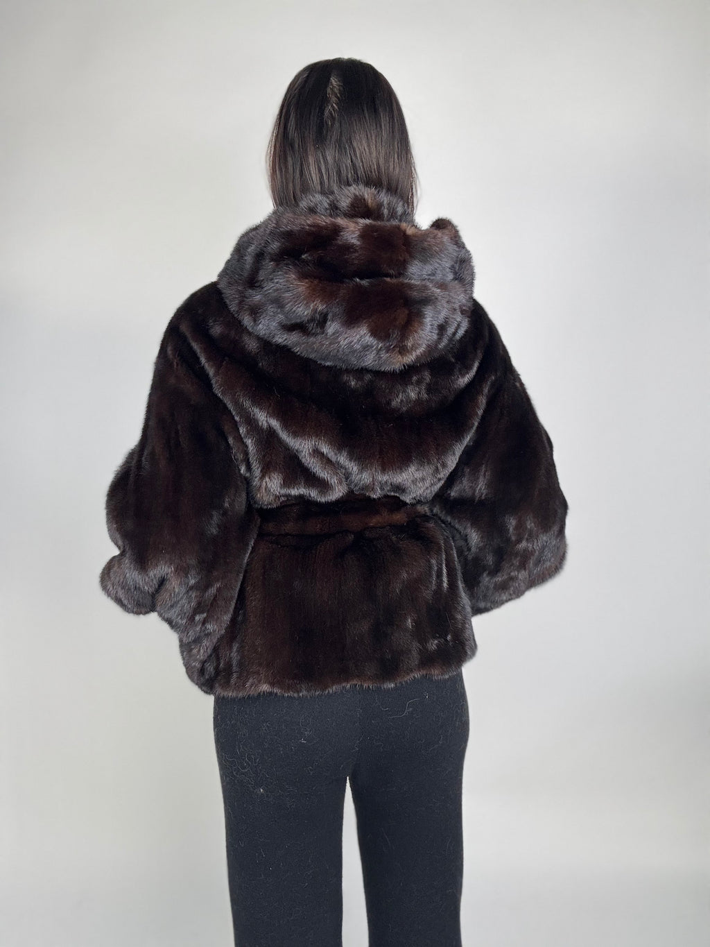Mink jacket with belt and hood