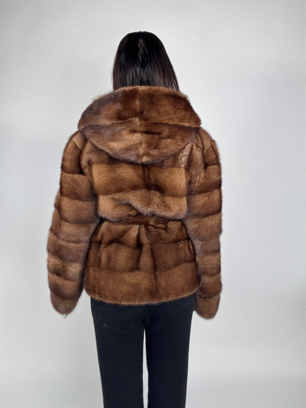 Mink jacket with belt and hood