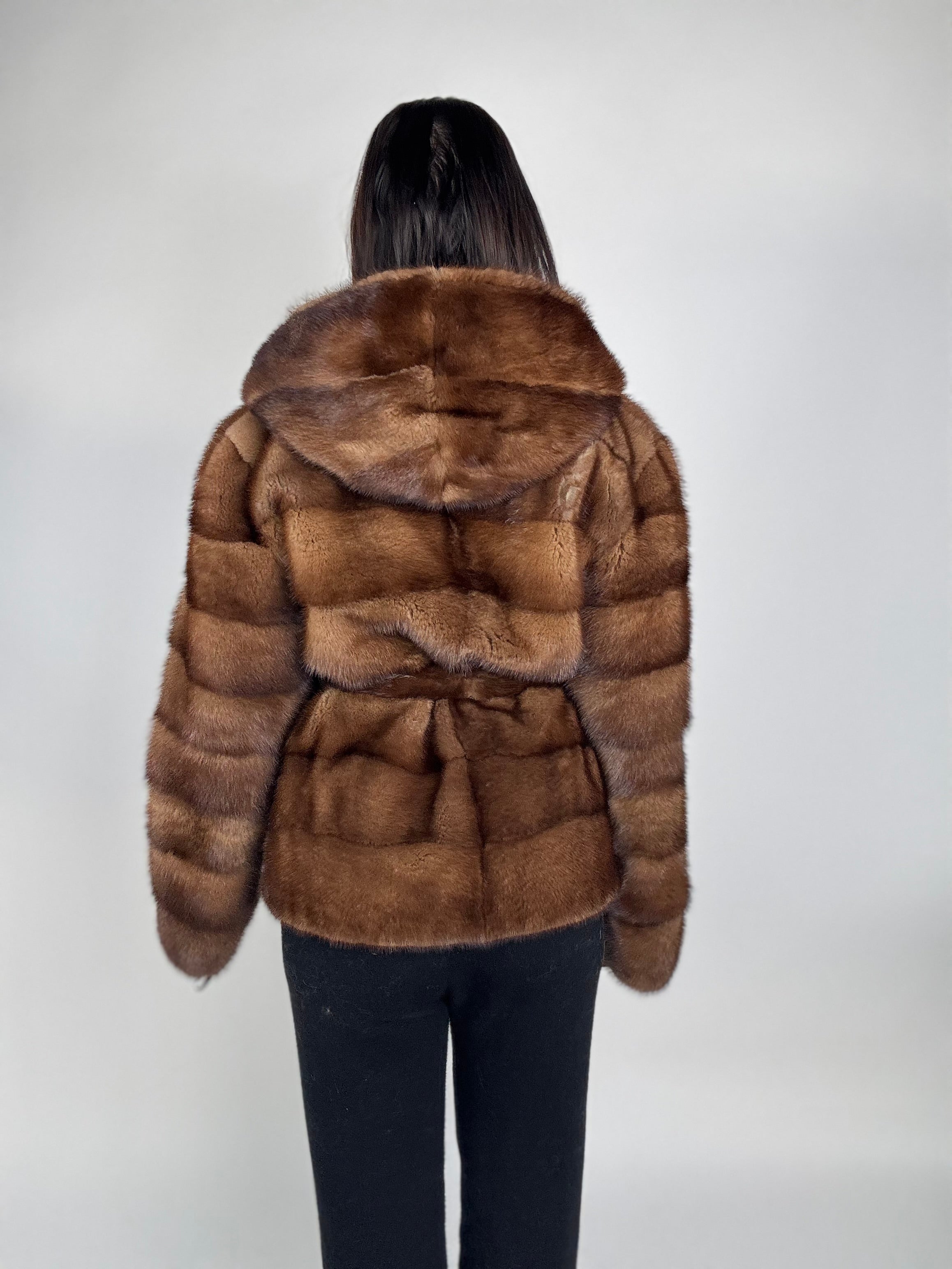 Mink jacket with belt and hood
