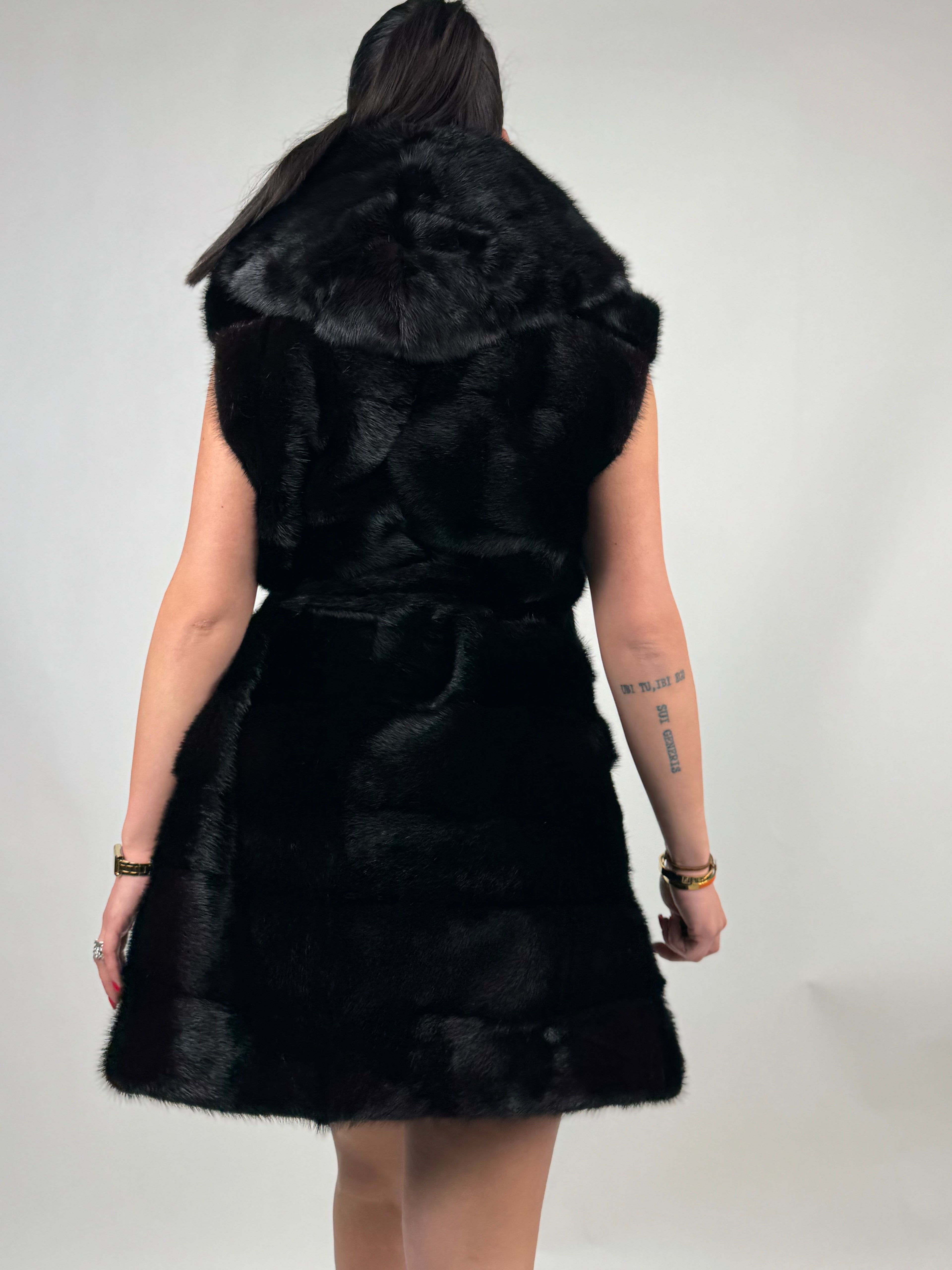 Mink jacket with belt and hood