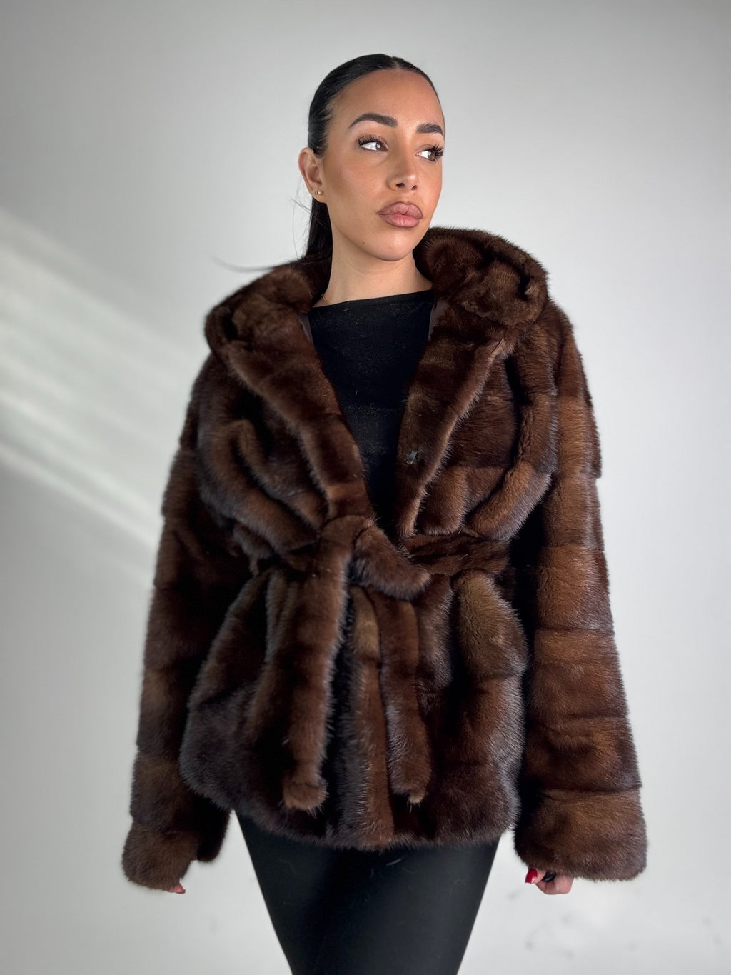 Mink jacket with belt and hood