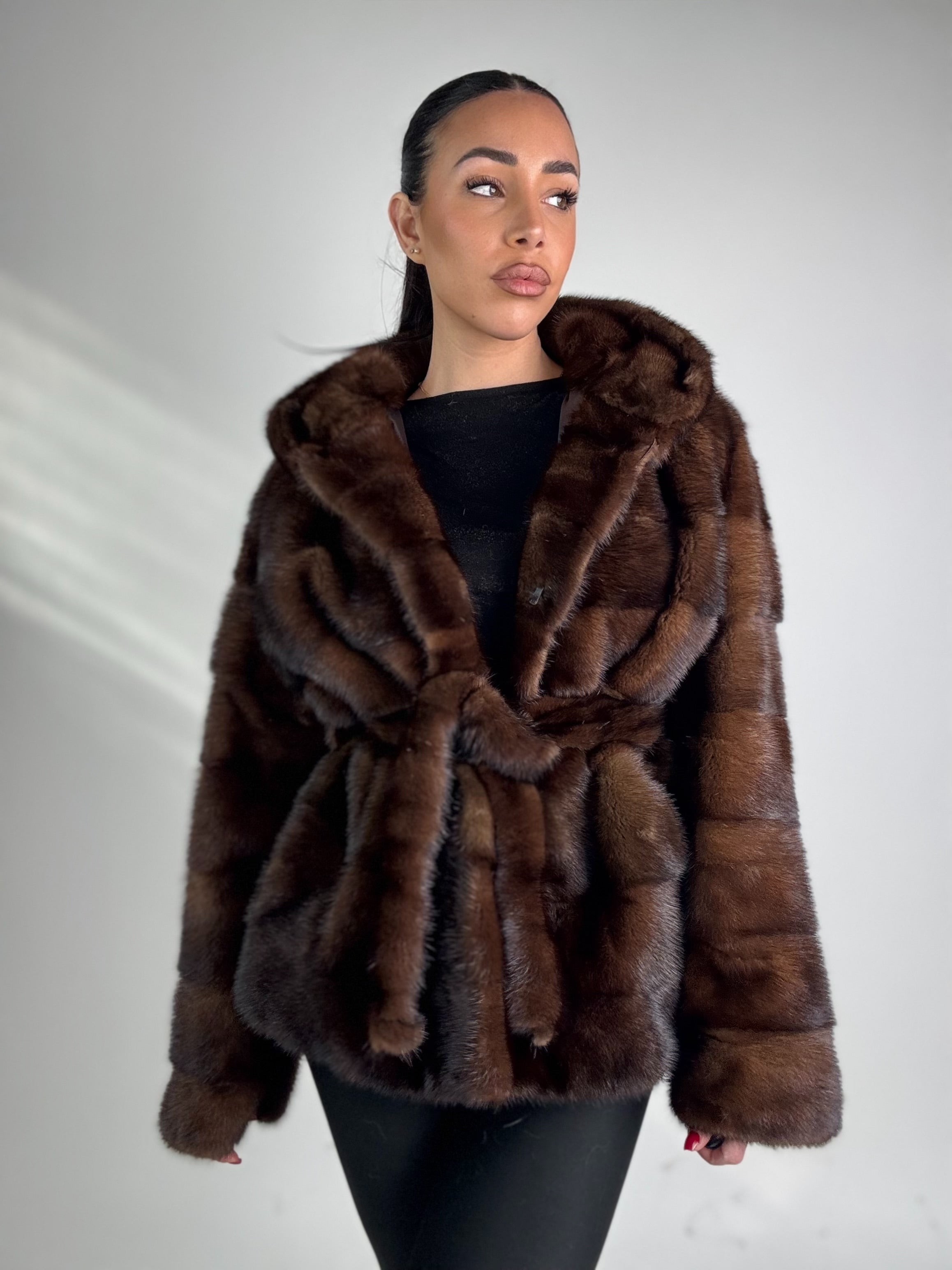 Mink jacket with belt and hood