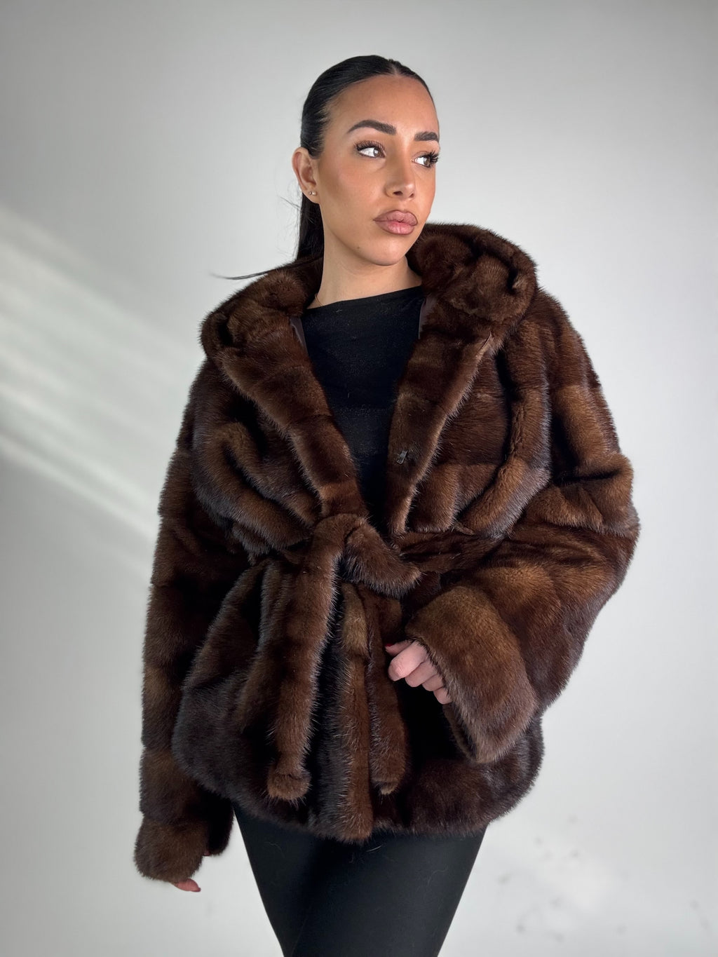 Mink jacket with belt and hood