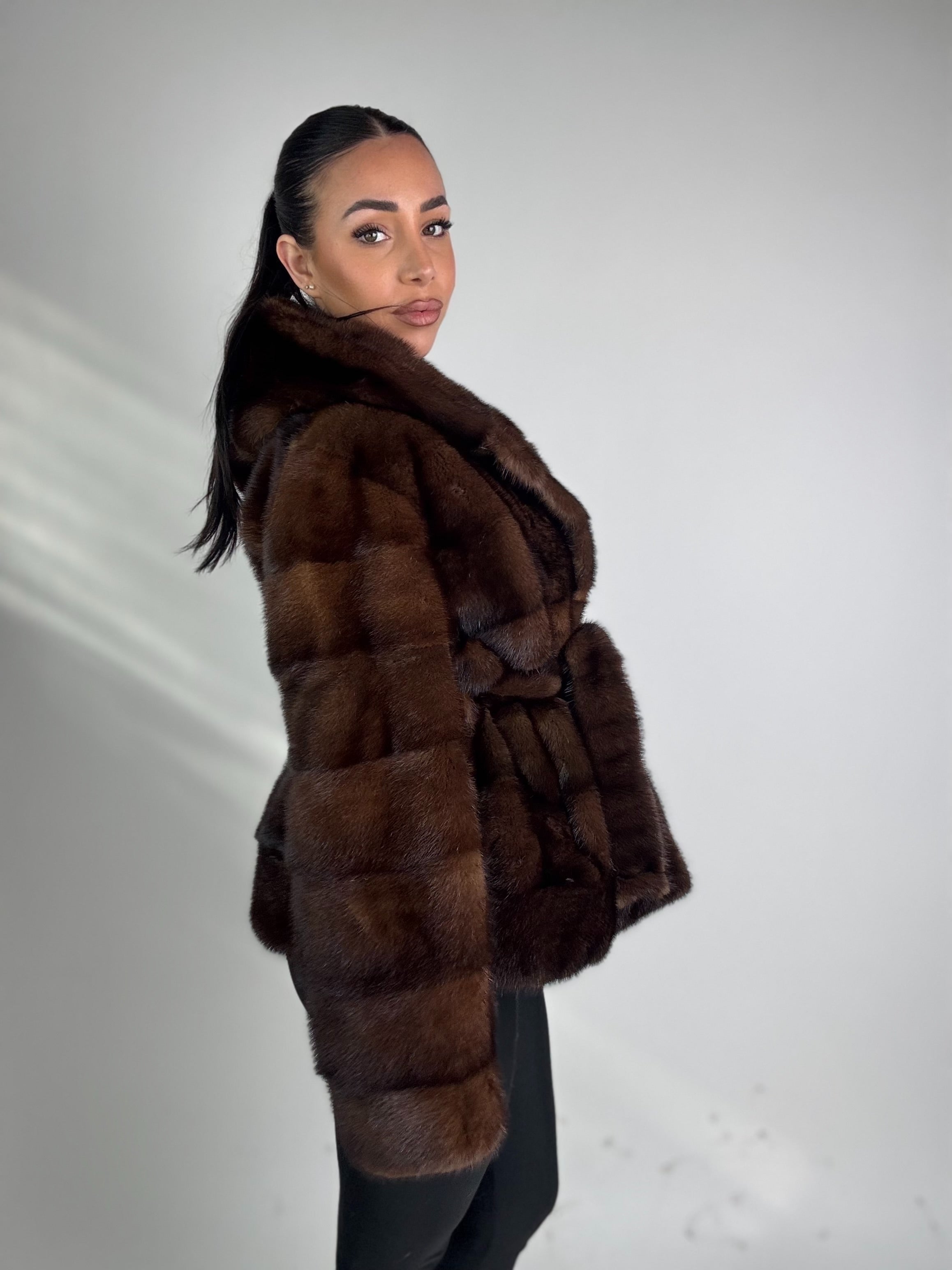 Mink jacket with belt and hood