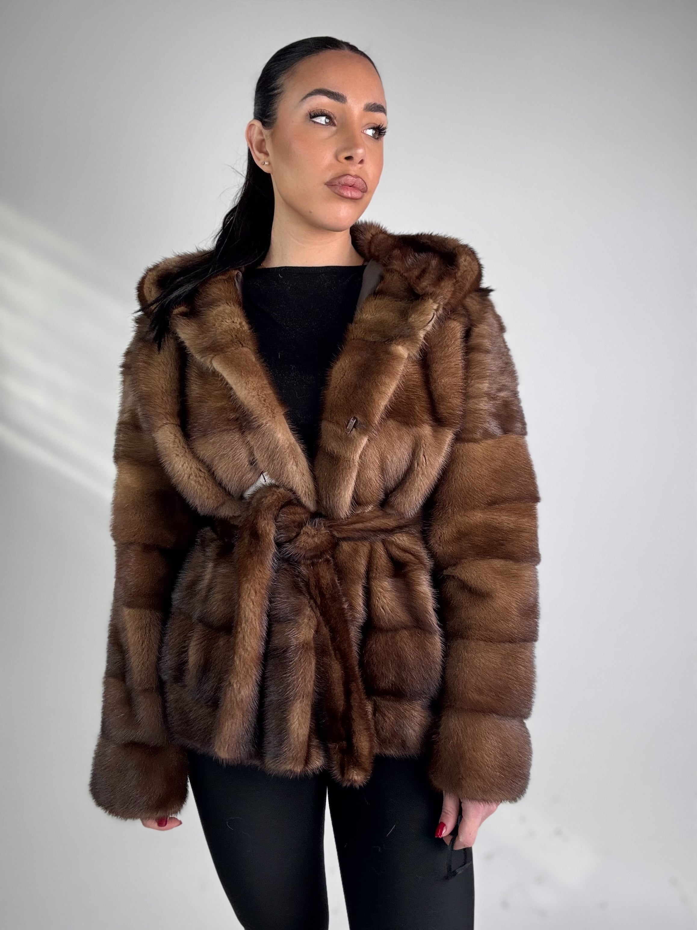 Mink jacket with belt and hood