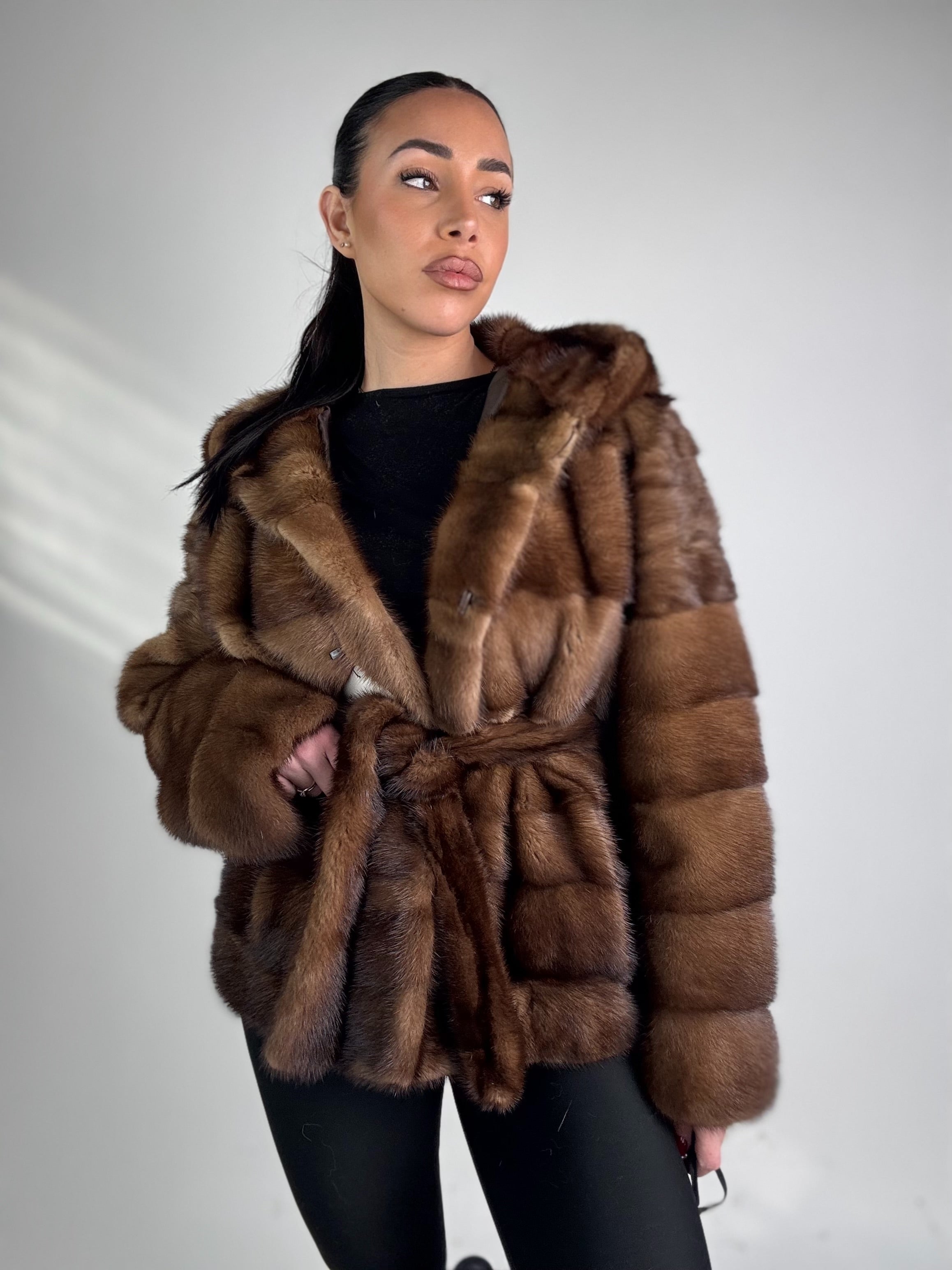 Mink jacket with belt and hood