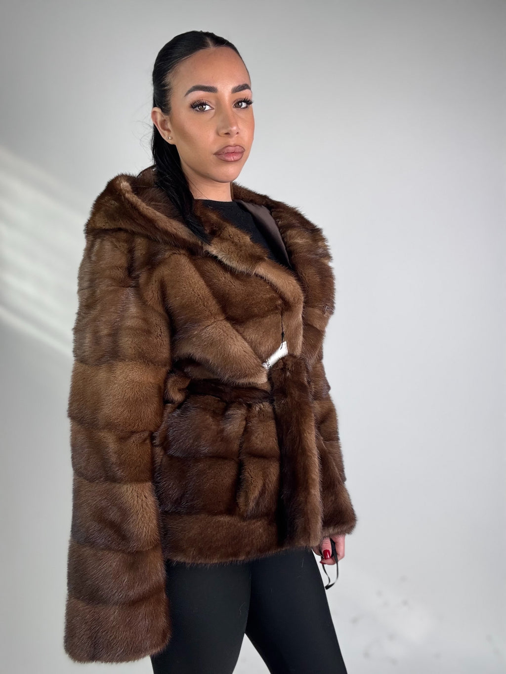 Mink jacket with belt and hood