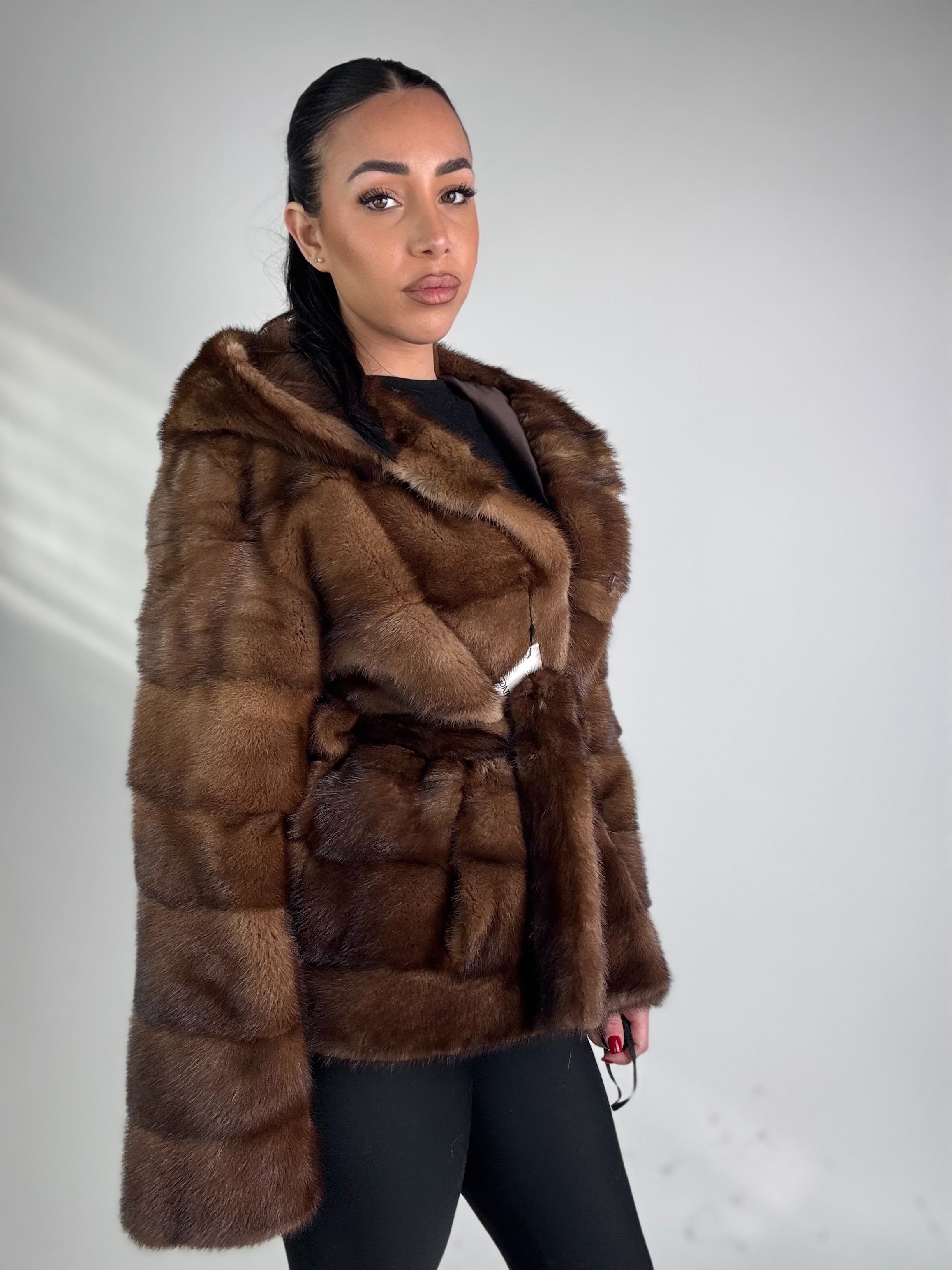 Mink jacket with belt and hood