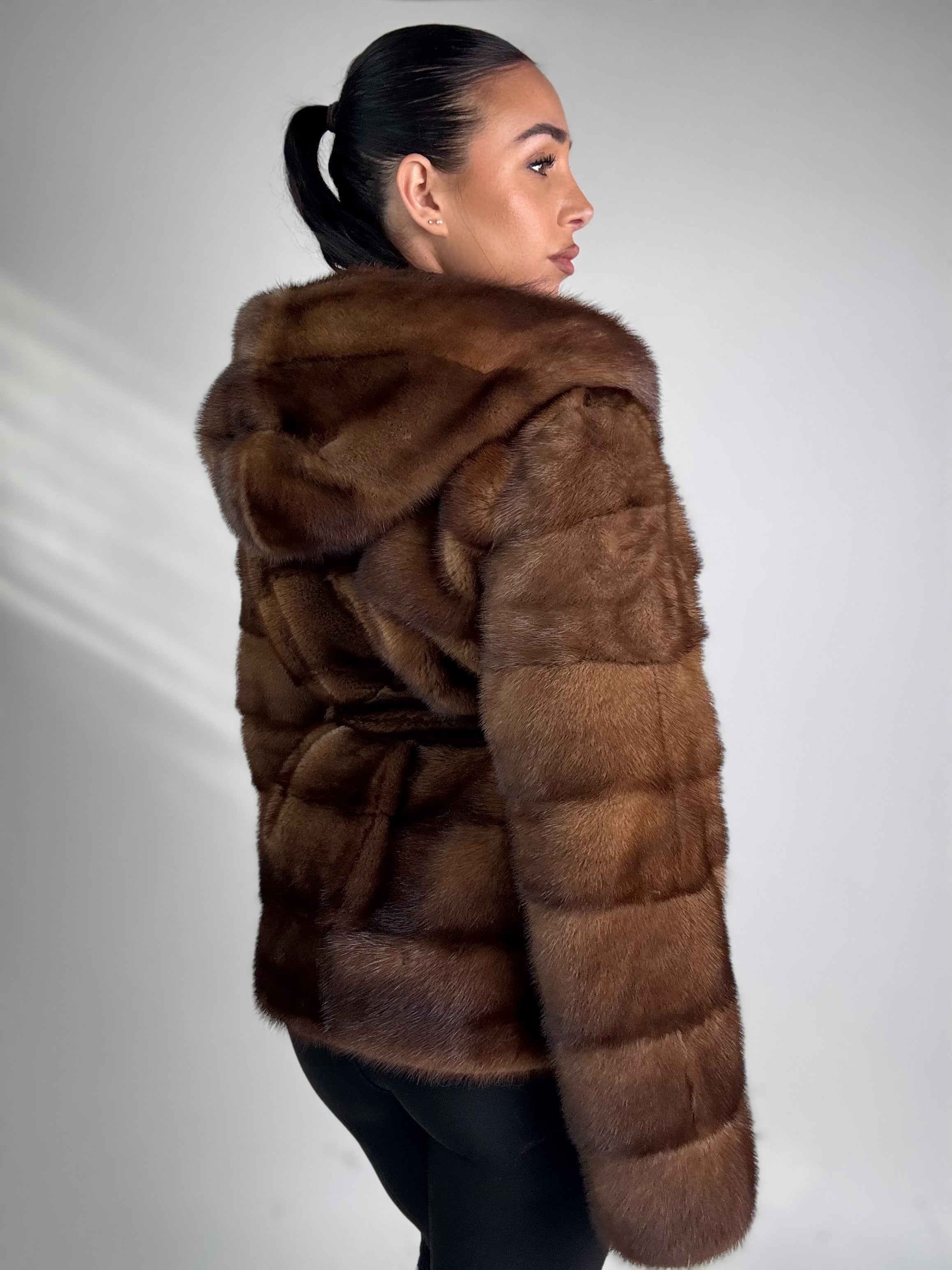 Mink jacket with belt and hood