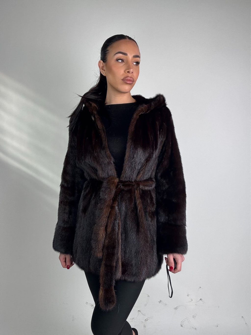 Mink jacket with belt and hood