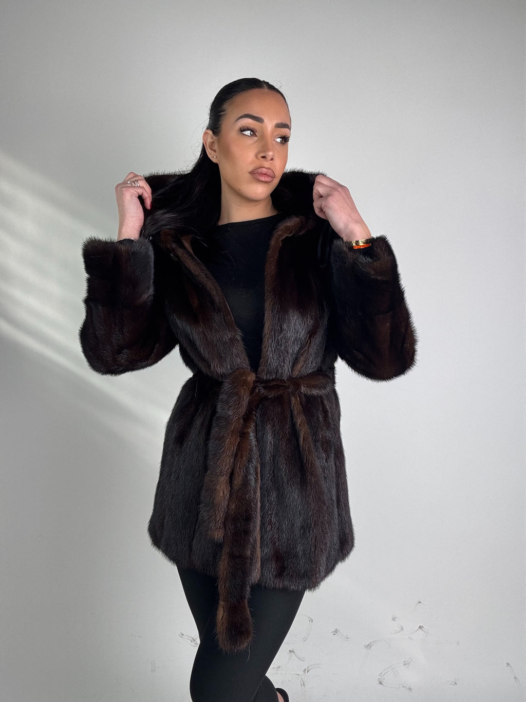 Mink jacket with belt and hood
