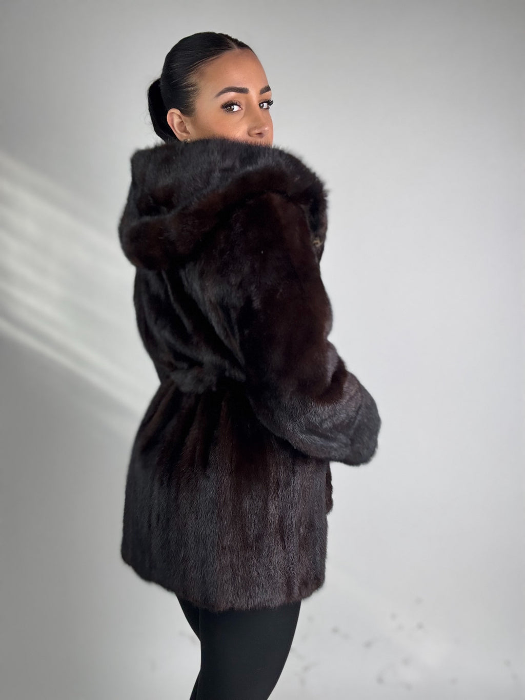 Mink jacket with belt and hood