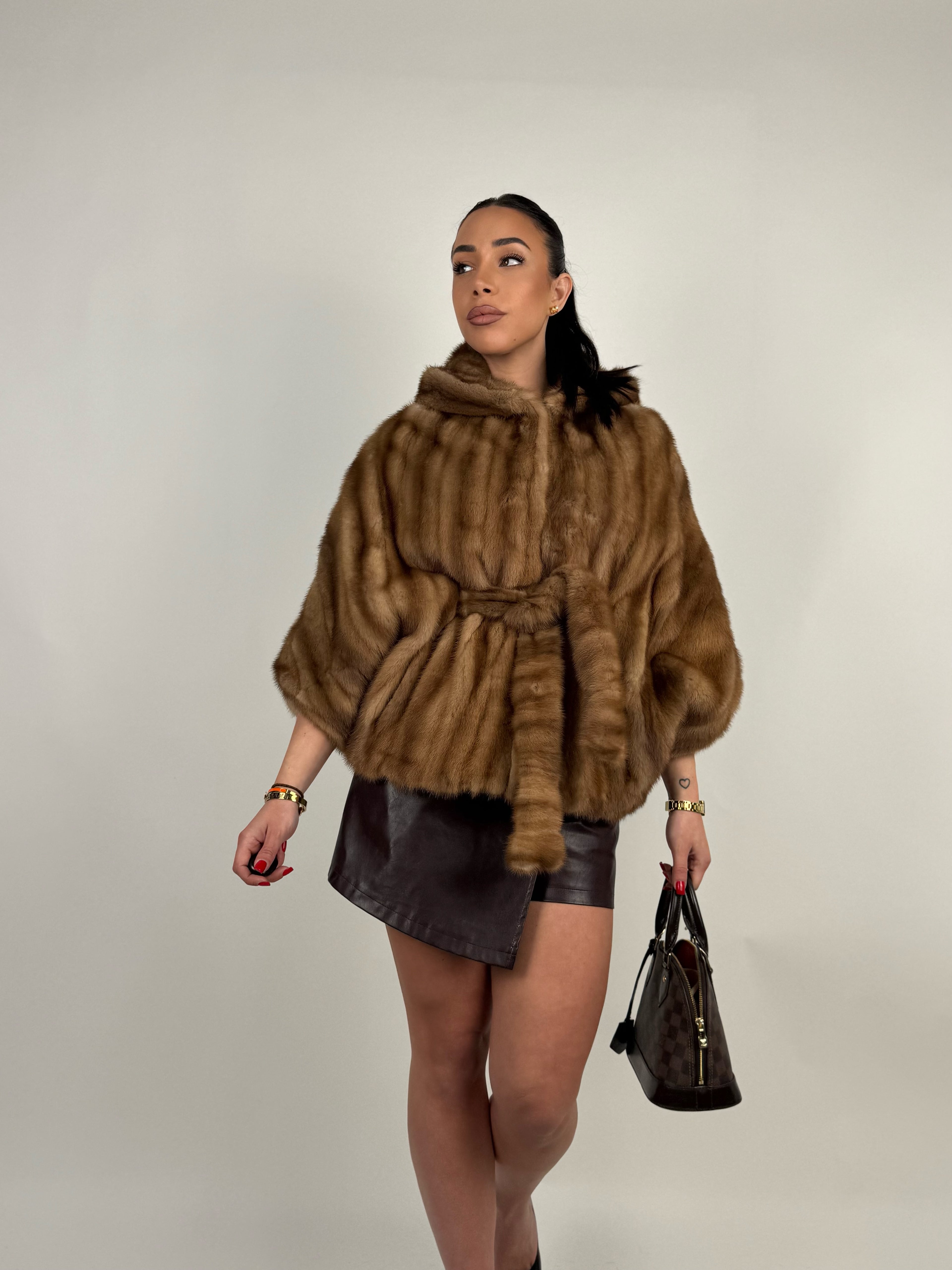 Mink jacket with belt and hood