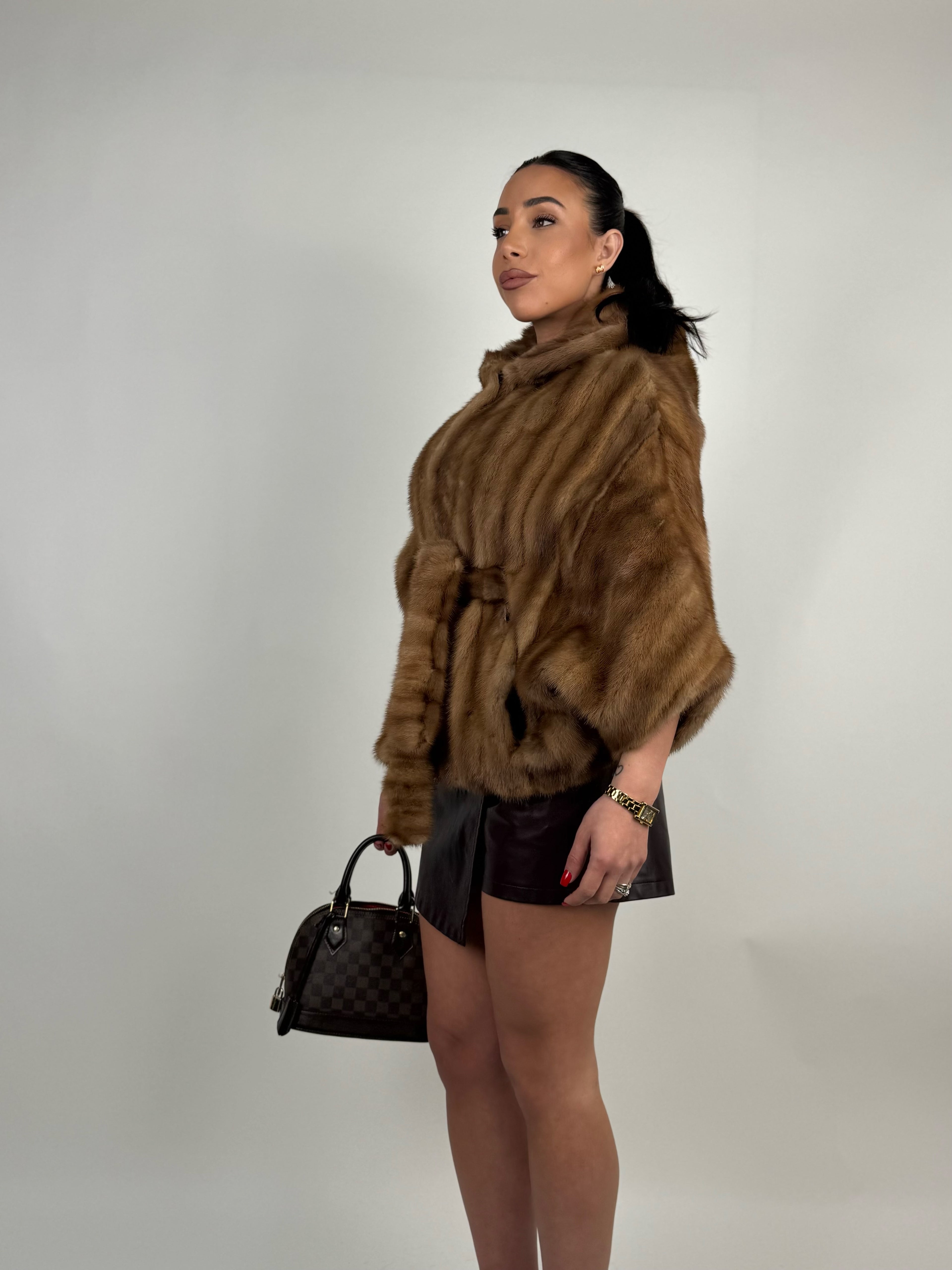 Mink jacket with belt and hood