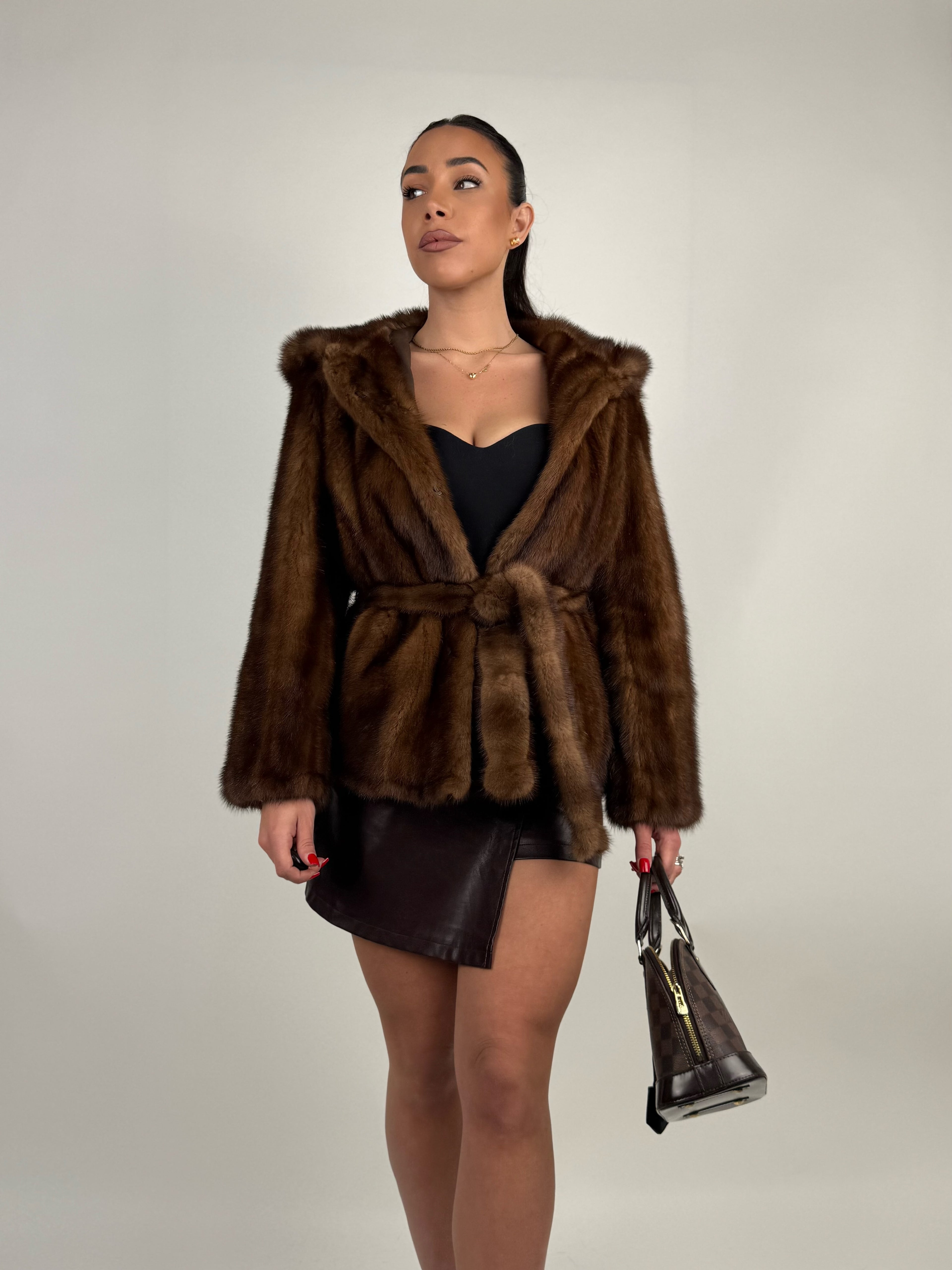 Mink jacket with belt and hood
