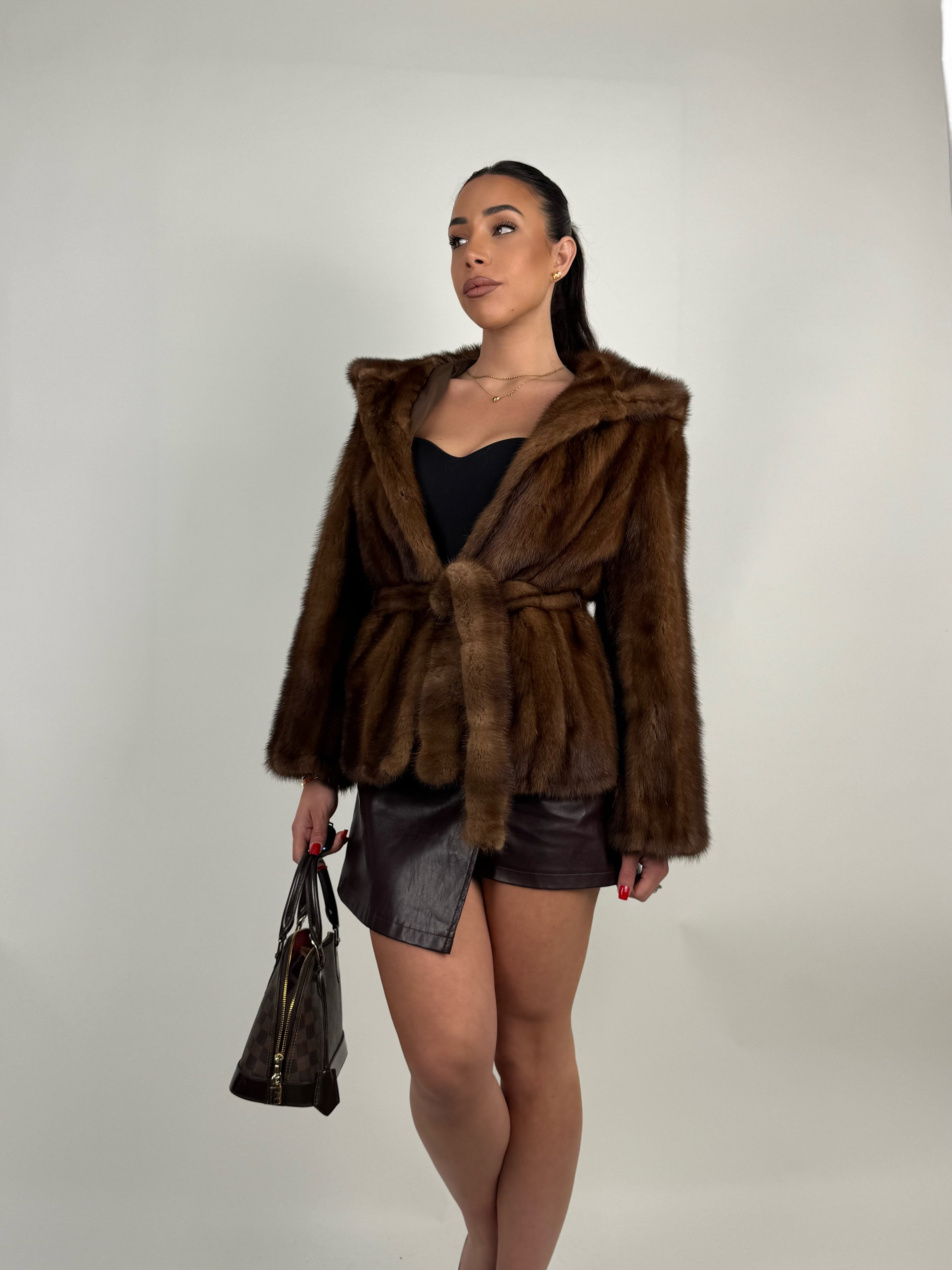 Mink jacket with belt and hood