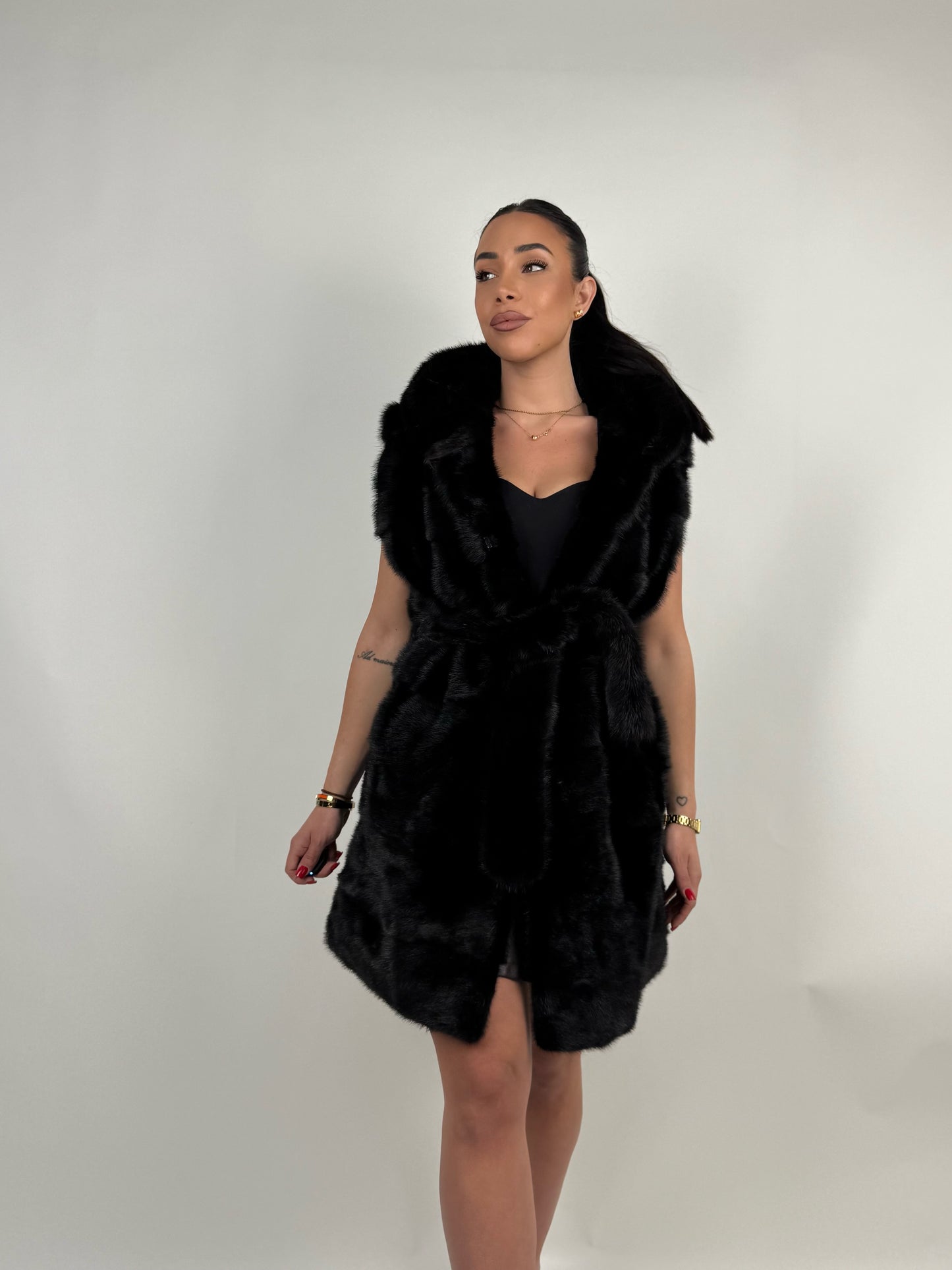 Mink jacket with belt and hood
