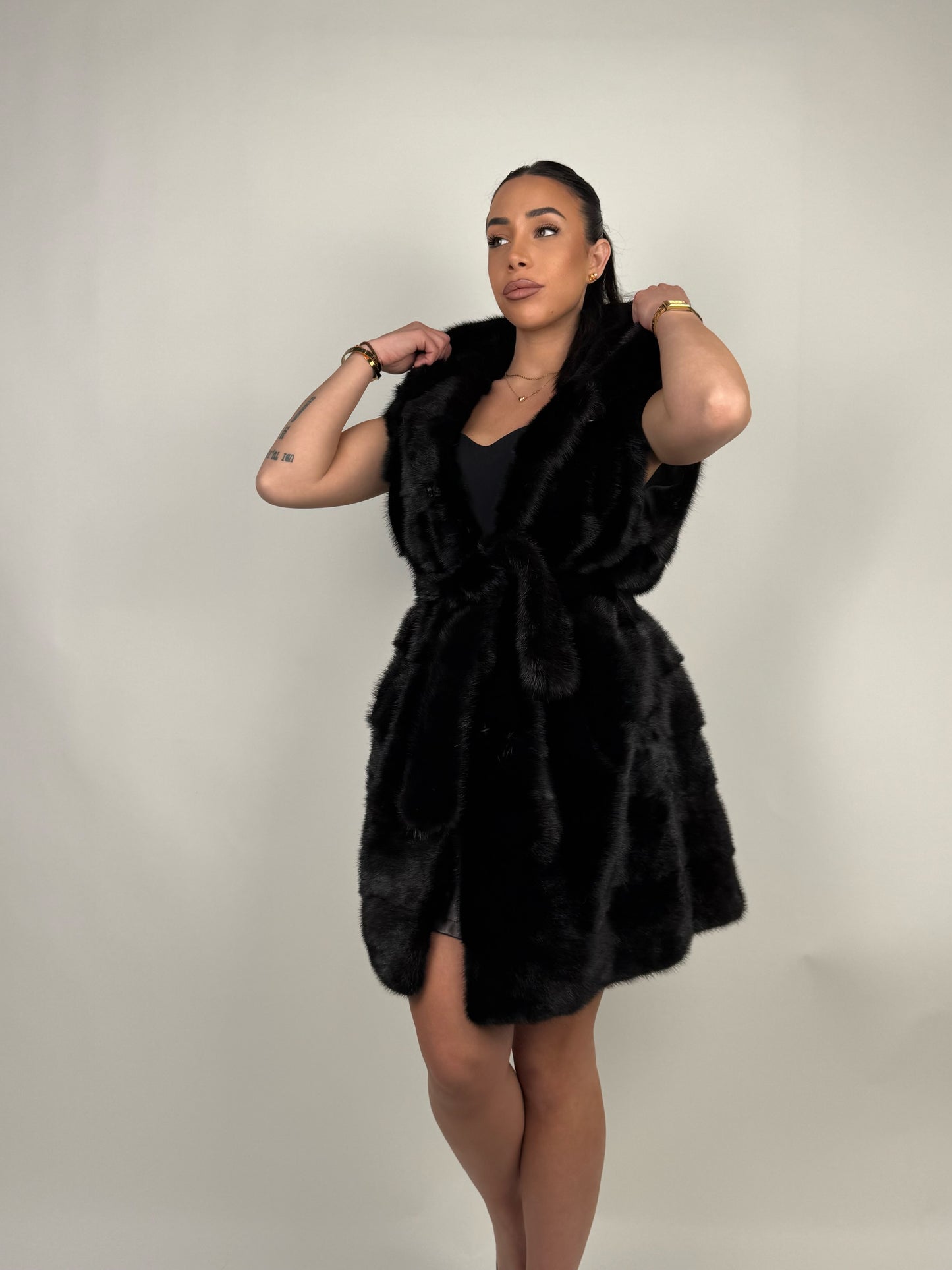 Mink jacket with belt and hood