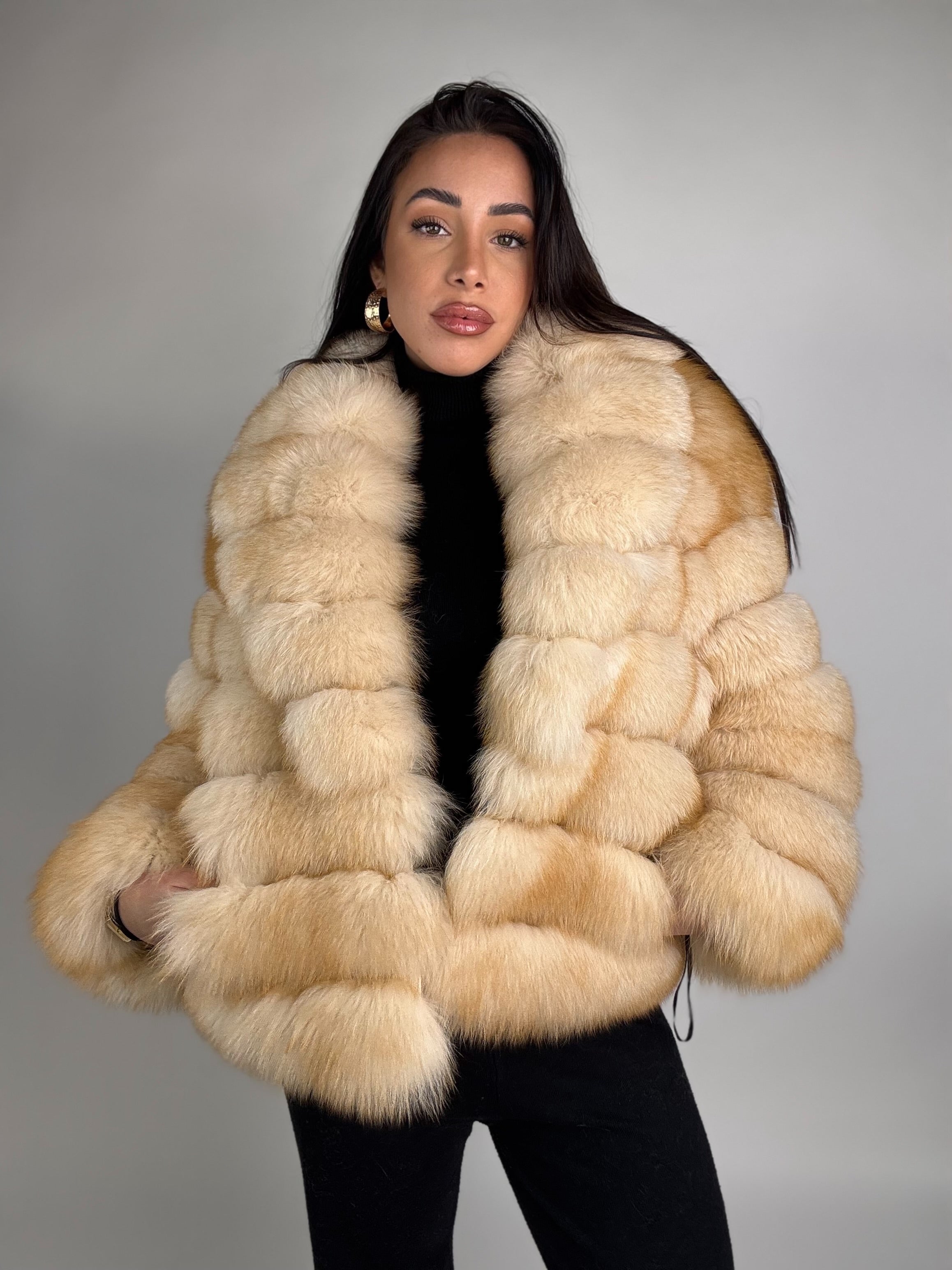Mink jacket with belt and hood
