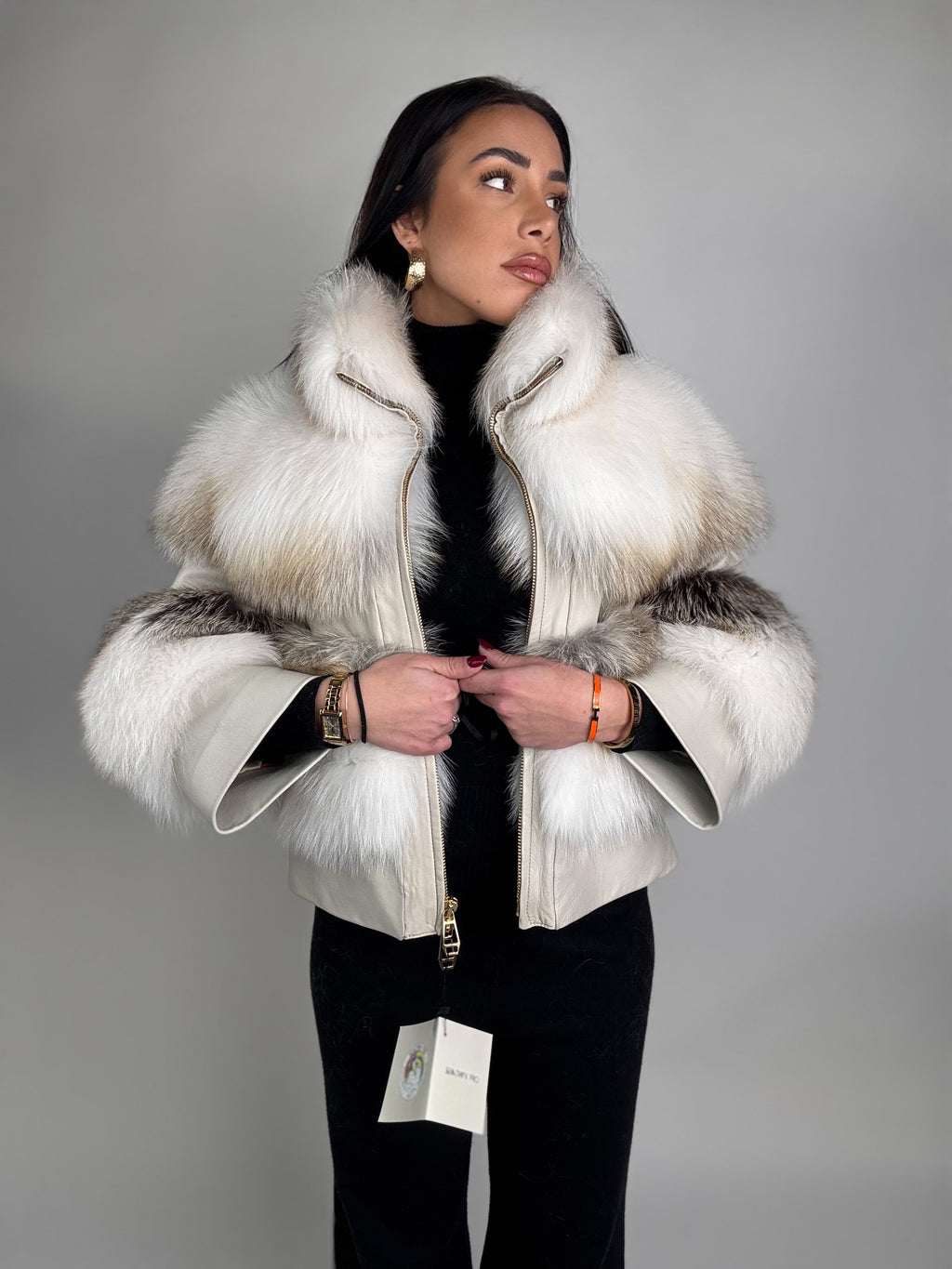 Mink jacket with belt and hood