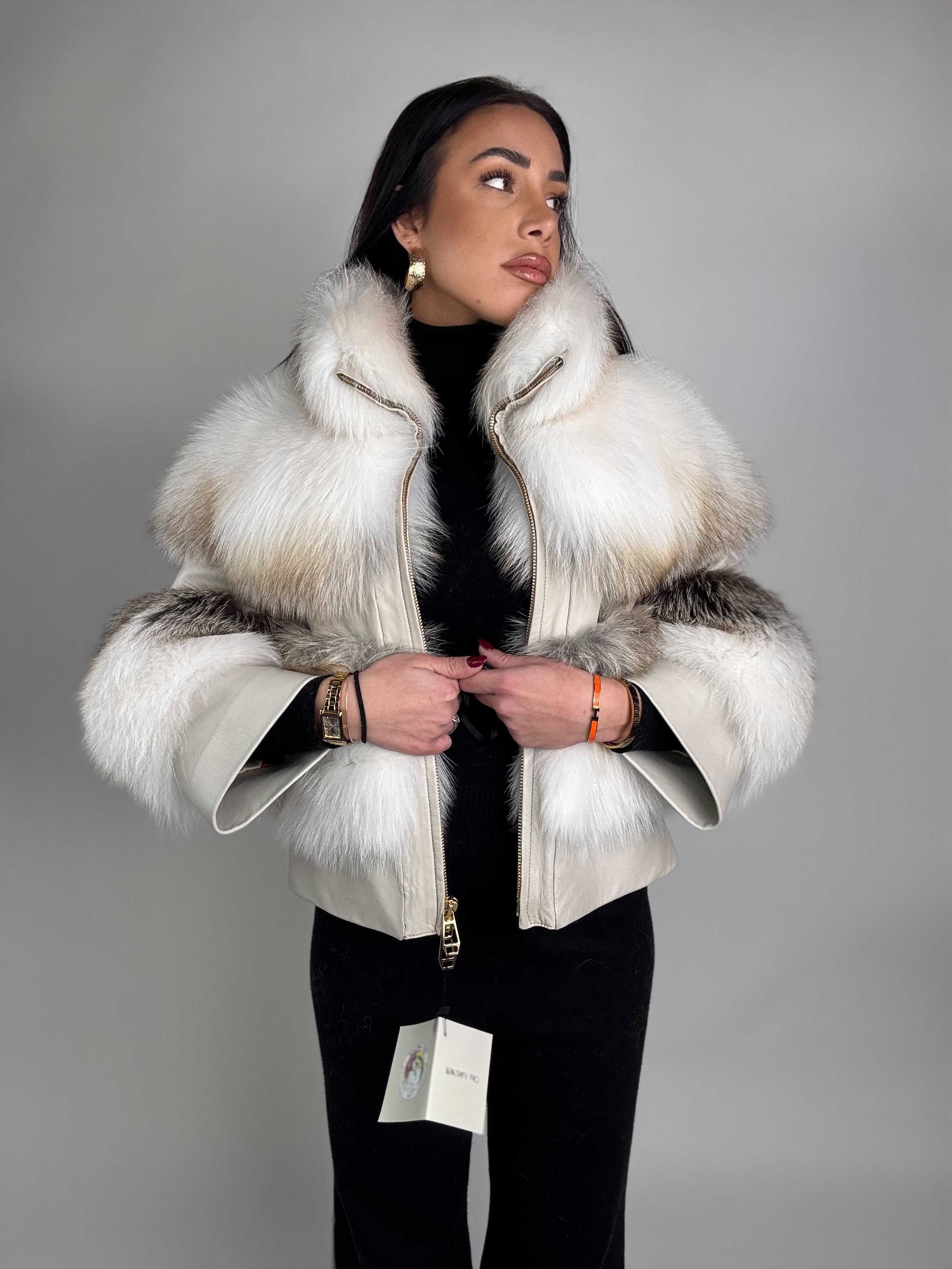 Mink jacket with belt and hood