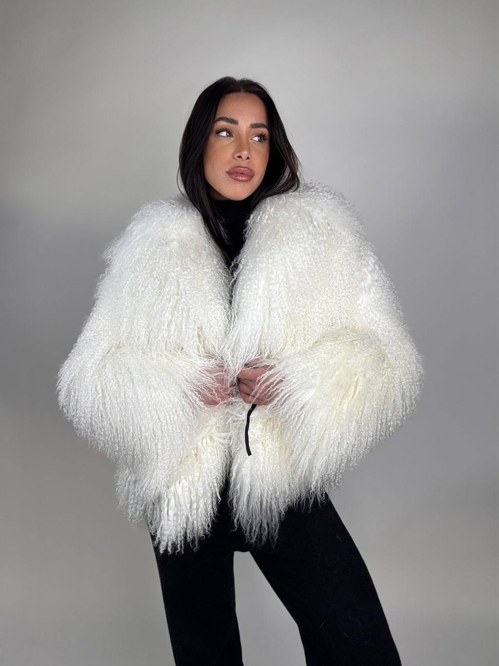 Mink jacket with belt and hood