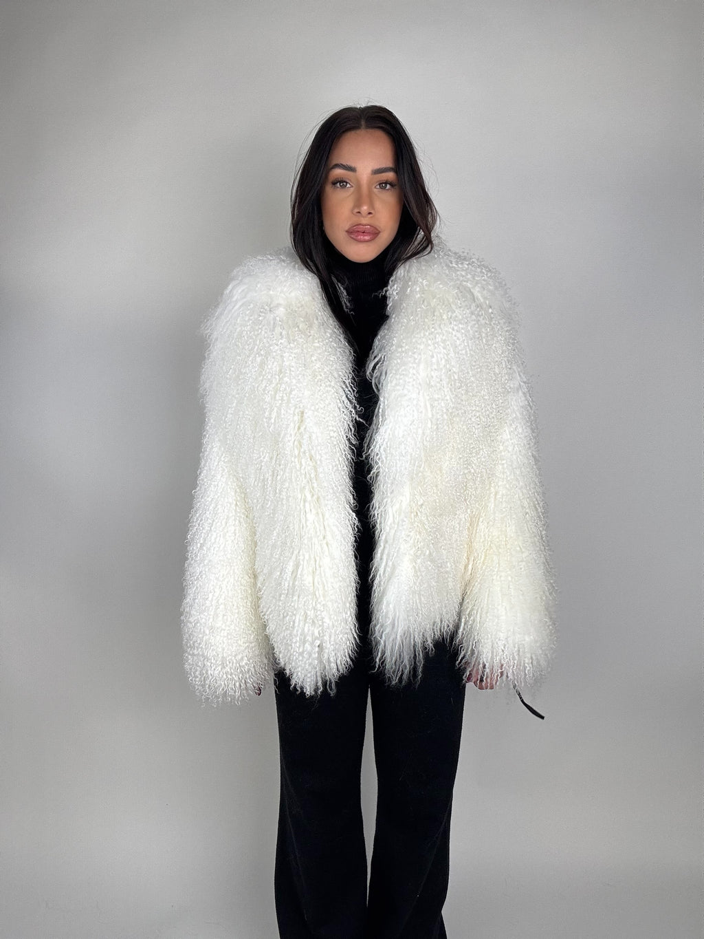 Mink jacket with belt and hood