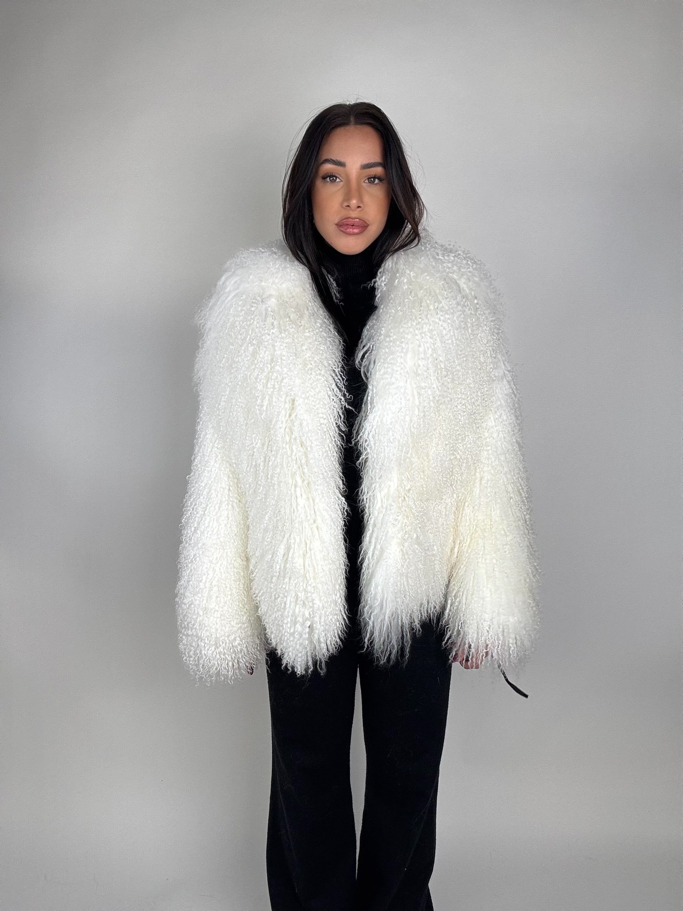 Mink jacket with belt and hood