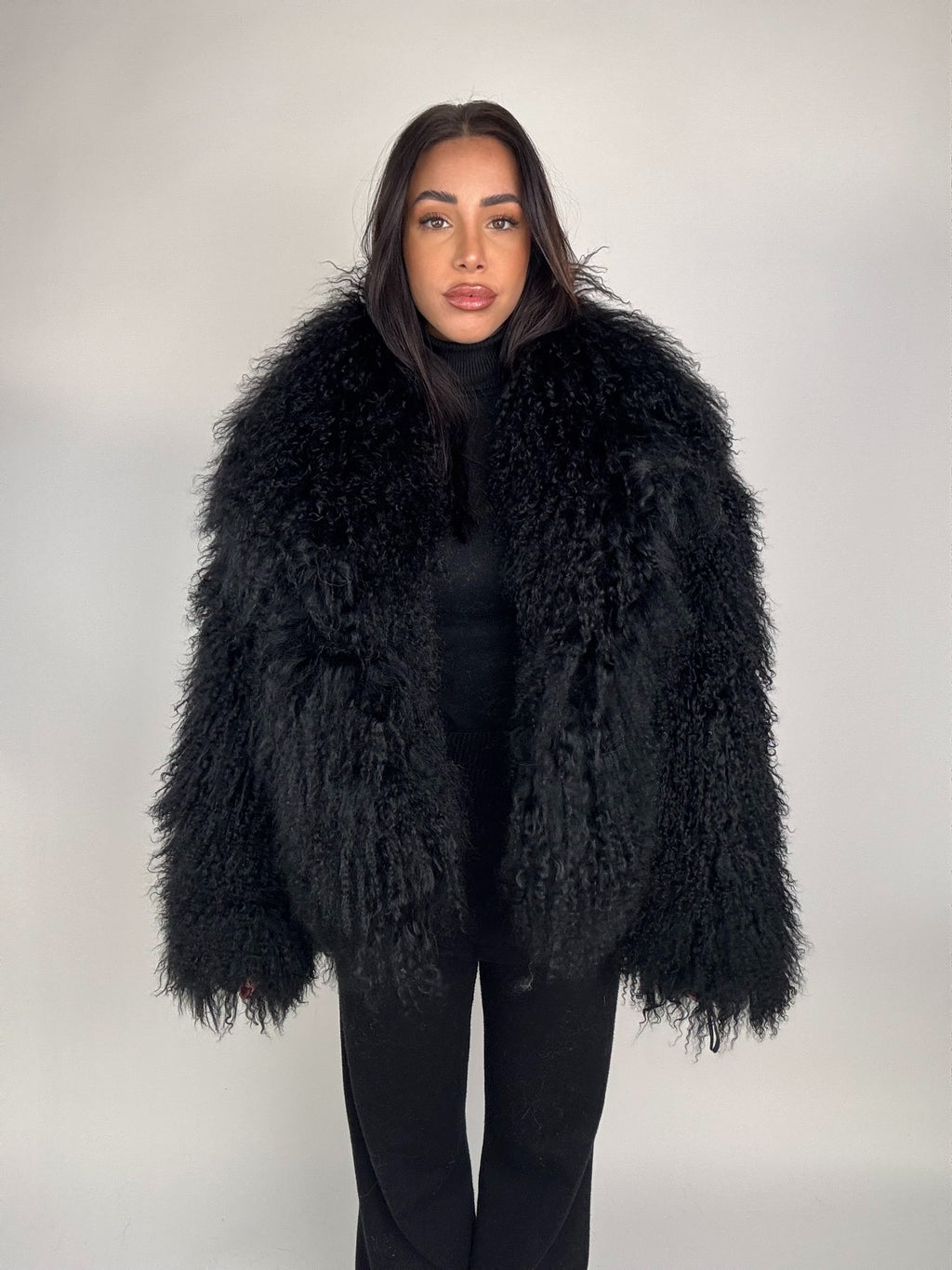 Mink jacket with belt and hood